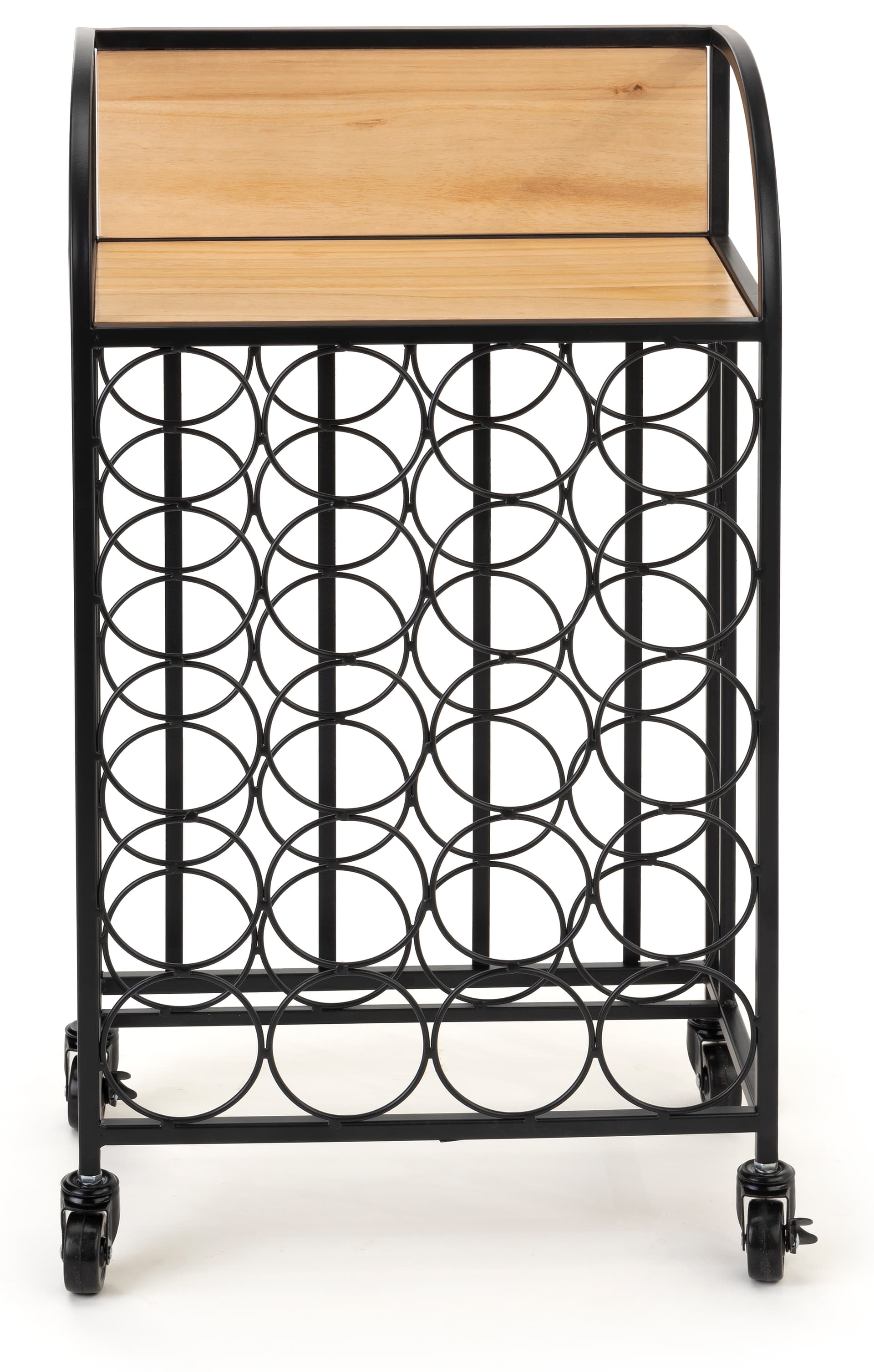 Easy to assemble wine rack with wheels and matte black iron frame 