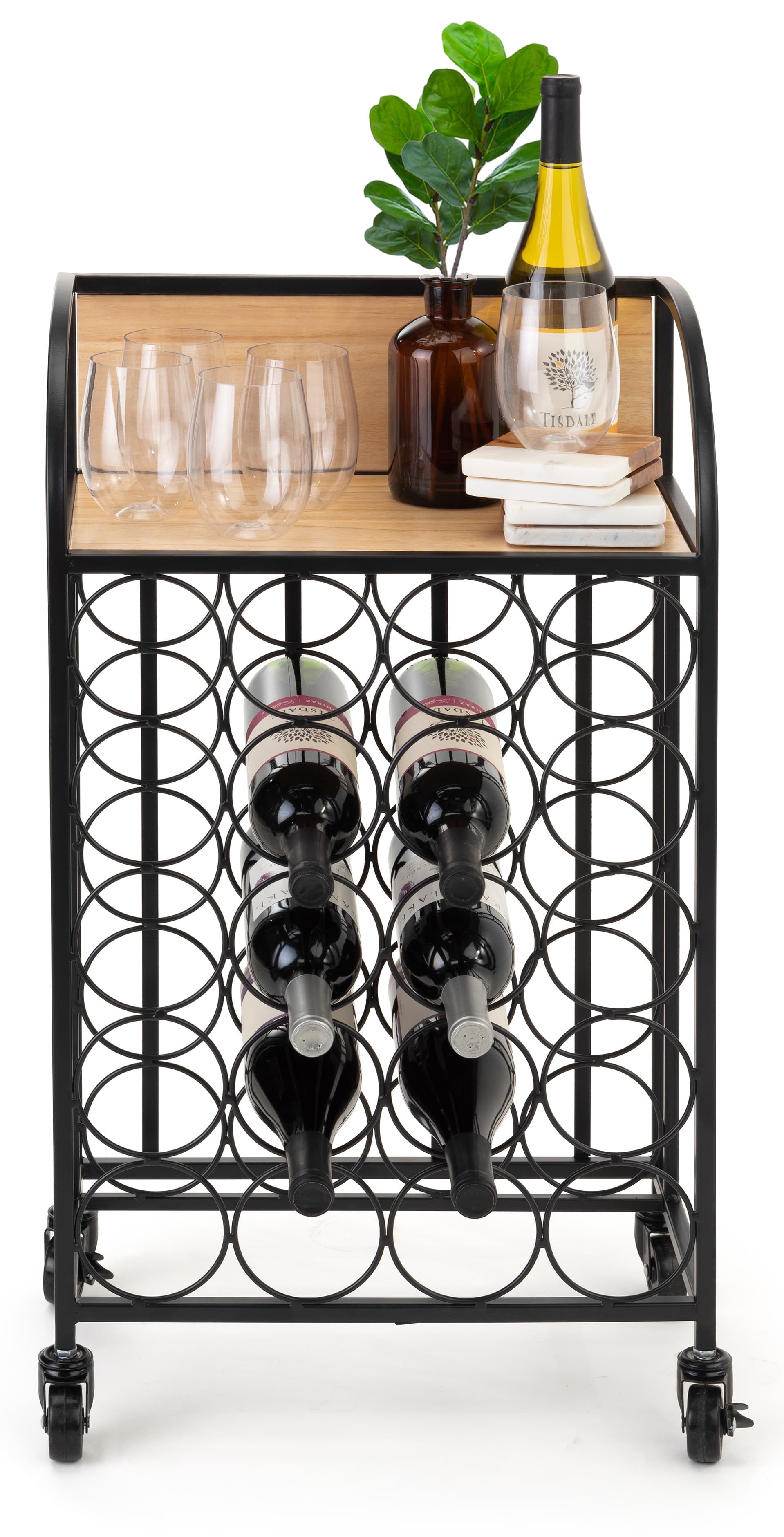 Wine rack with wheels and curved side panels 