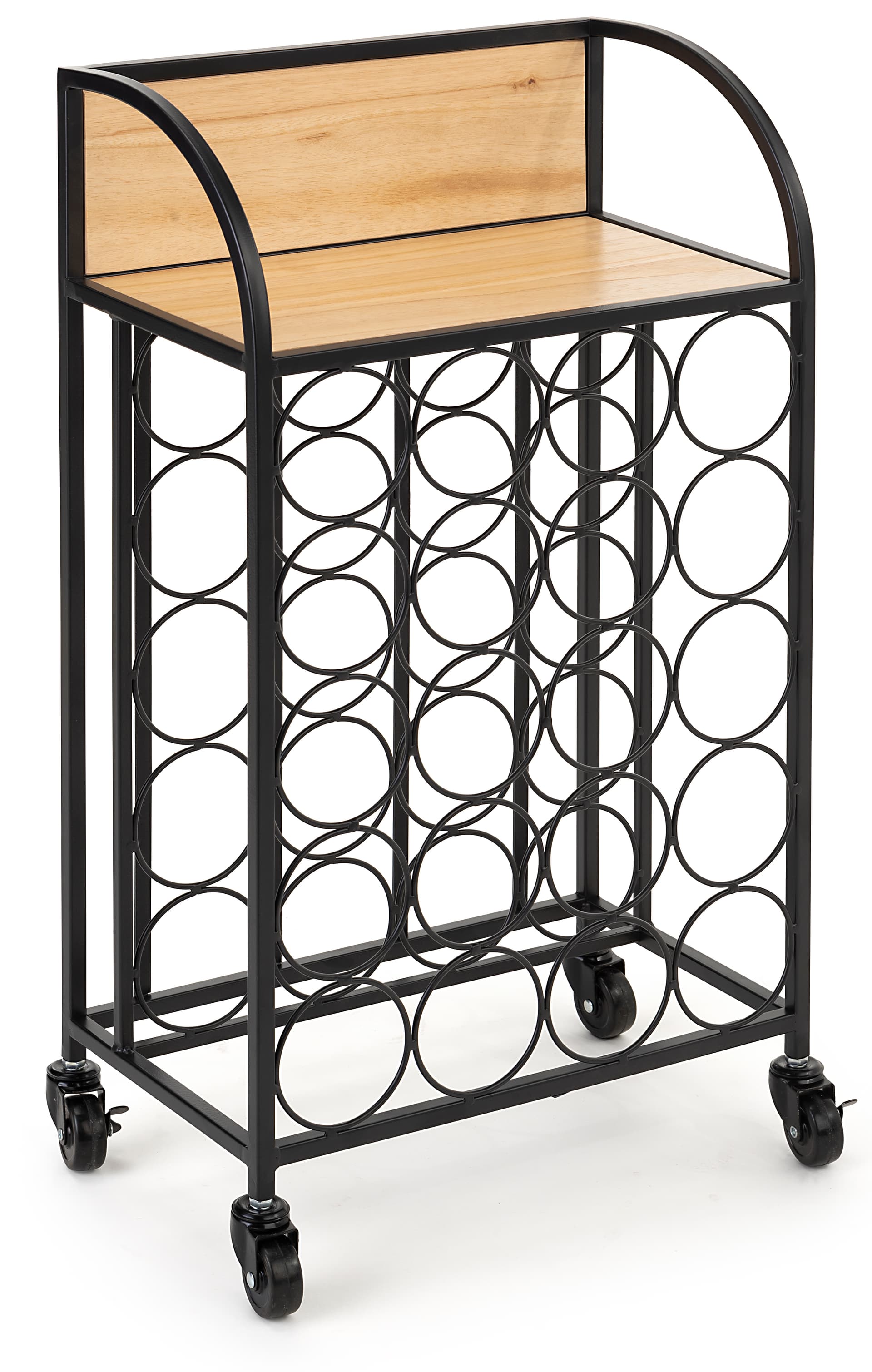 Wine rack with wheels features light oak wooden shelf 