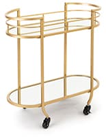 Oval serving cart on wheels with two mirrored shelves 