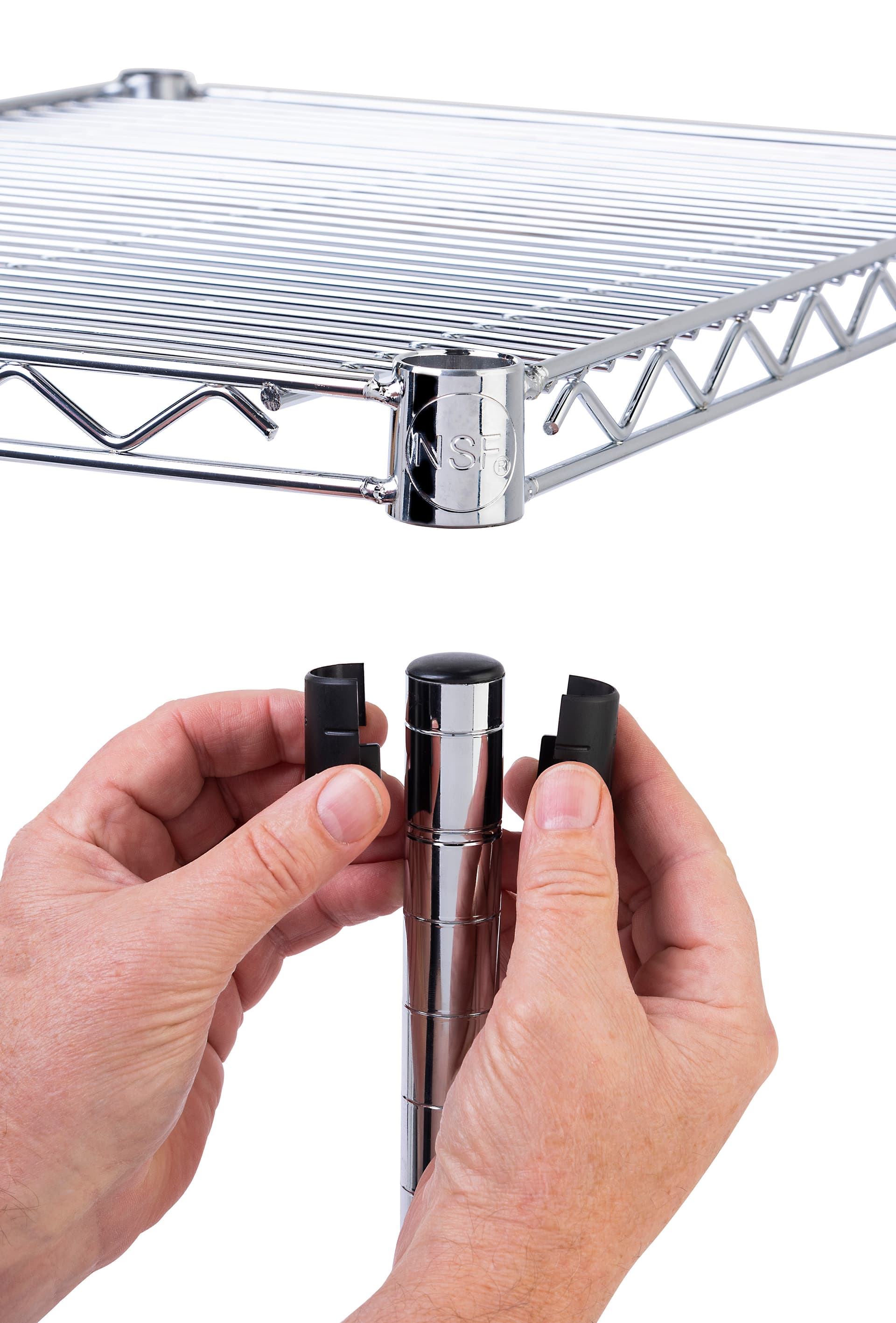 Metal wire shelving unit with 16 plastic clips for tier adjustment