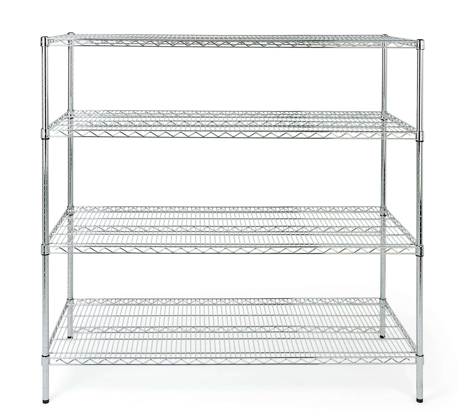 Commercial wire rack shelving has plastic protective feet