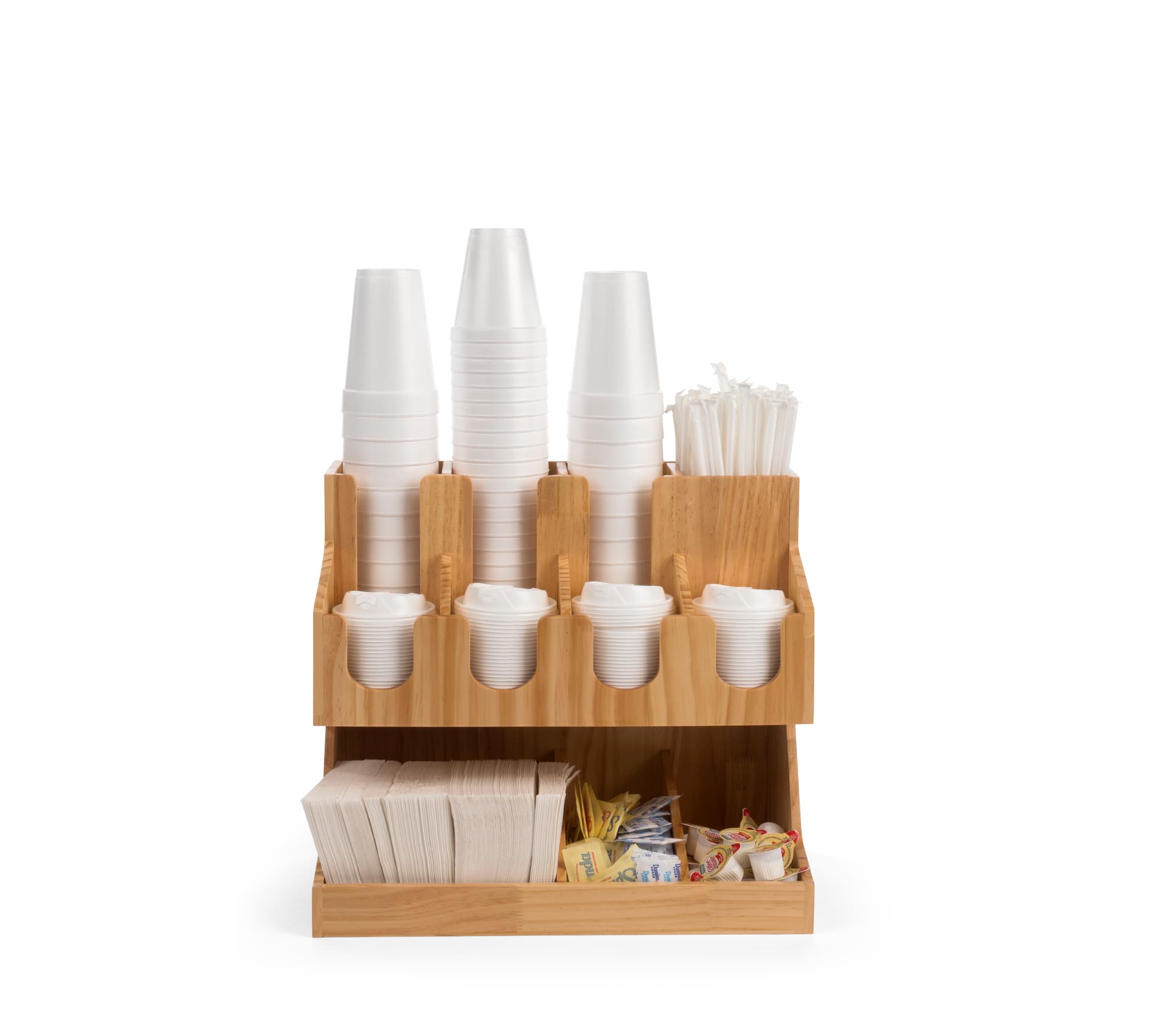 Solid pine wood coffee condiment station organizer