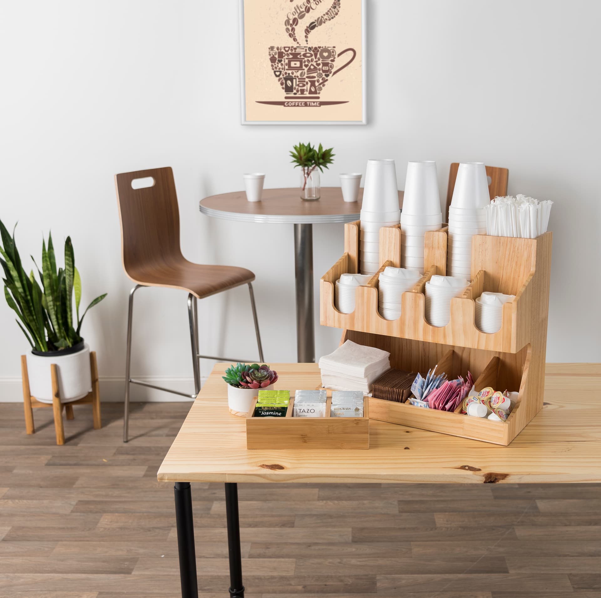 Wood coffee condiment station organizer with 11 pockets