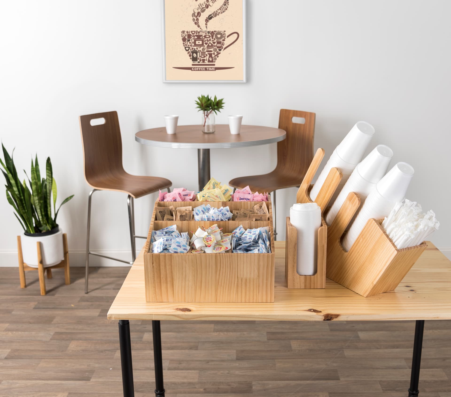 Coffee cup and lid organizer with natural pine finish