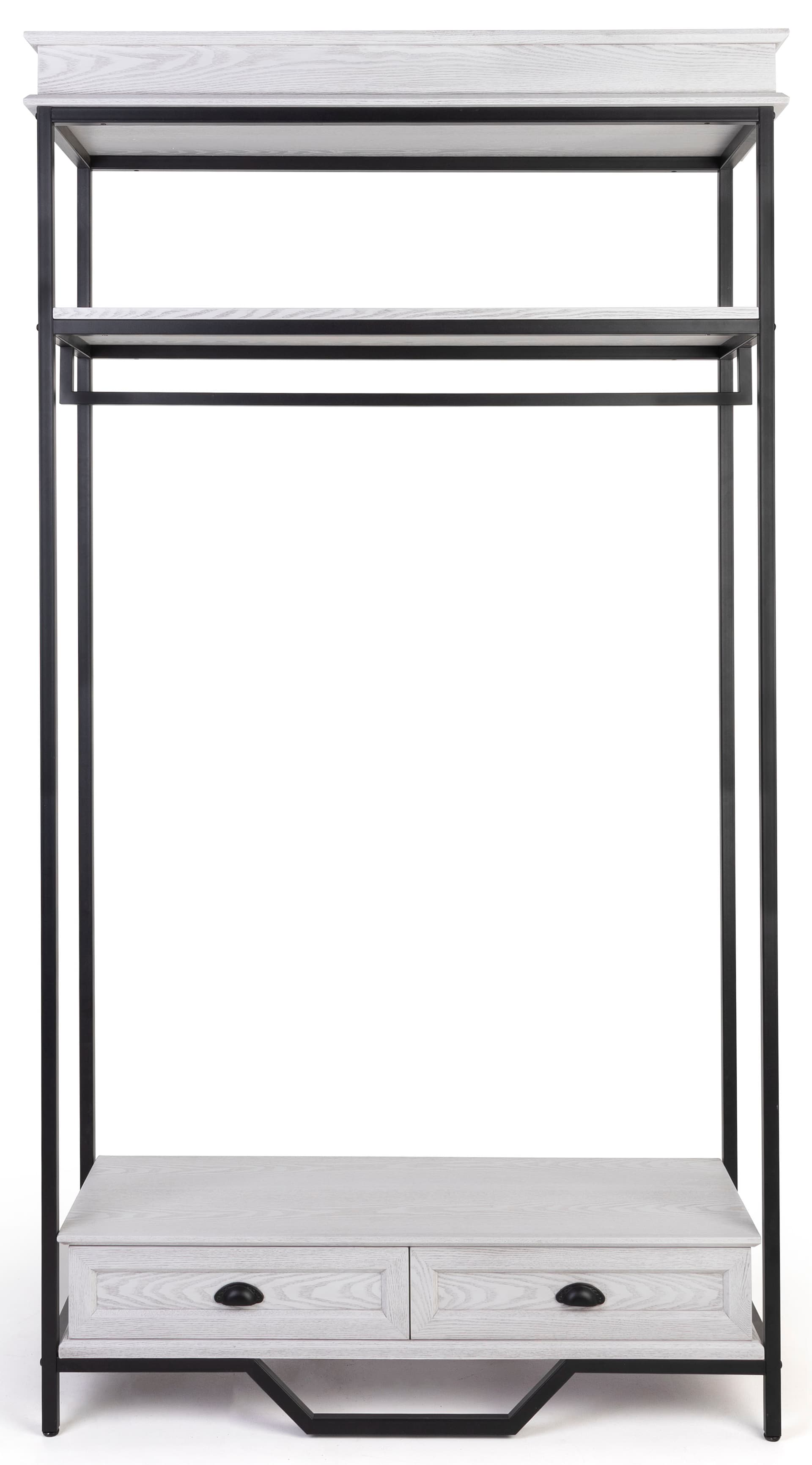 Farmhouse industrial clothing rack has a shelf depth of 16 inches