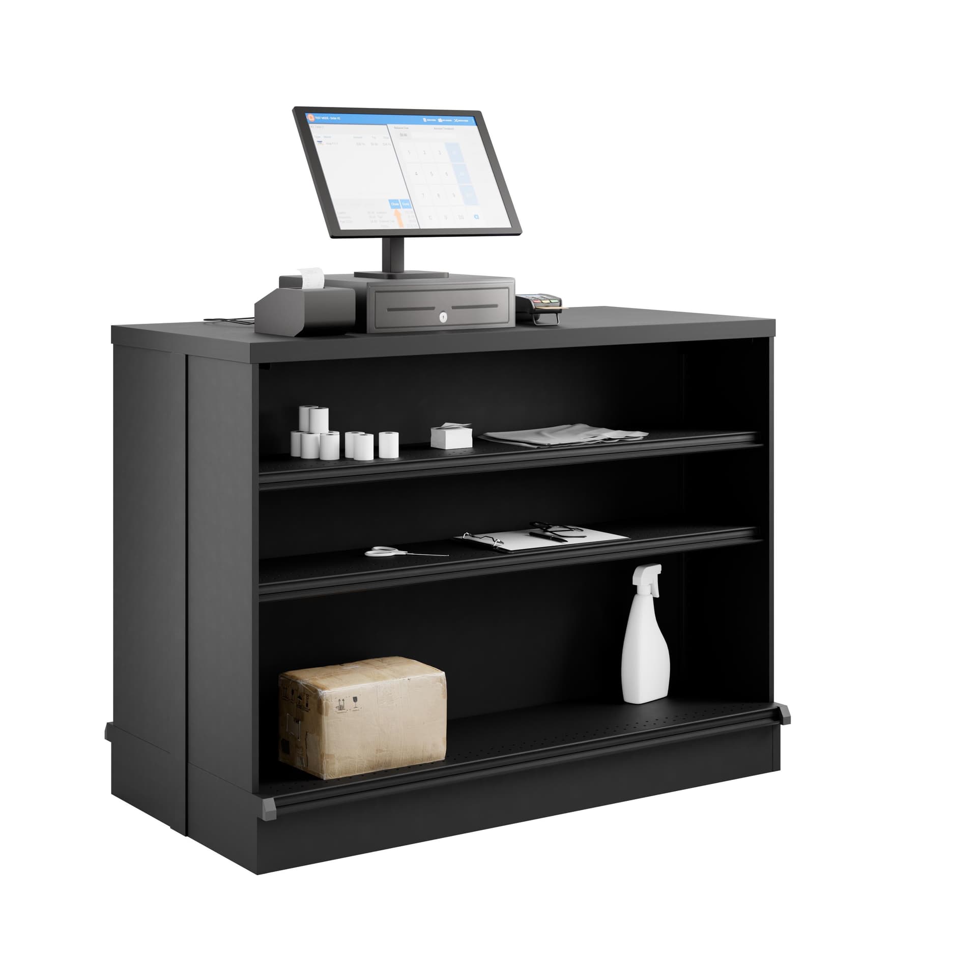 Retail cash wrap counter with storage for store supplies on the backside of the unit