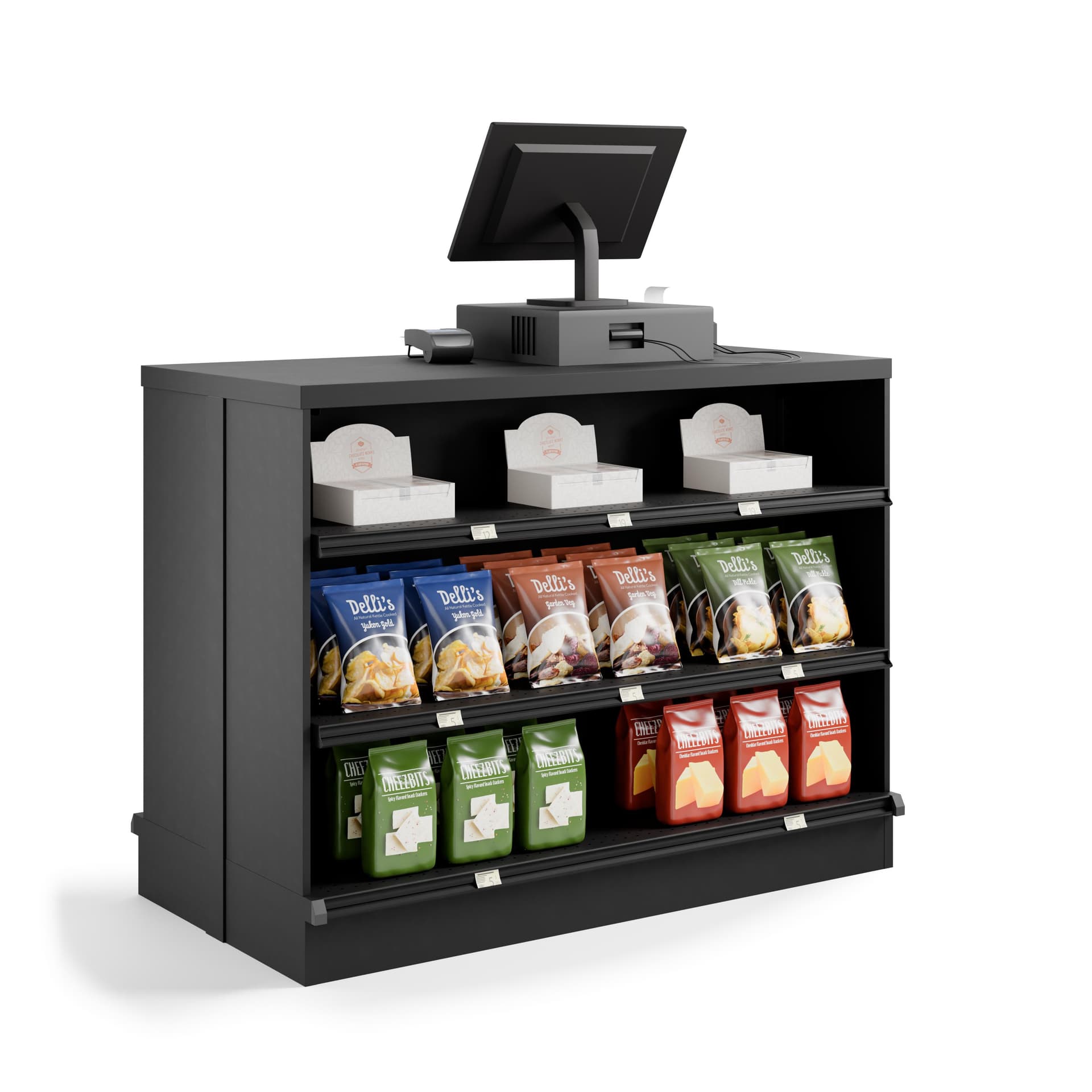 Retail cash wrap counter showcasing the front filled with impulse items like candy and chips