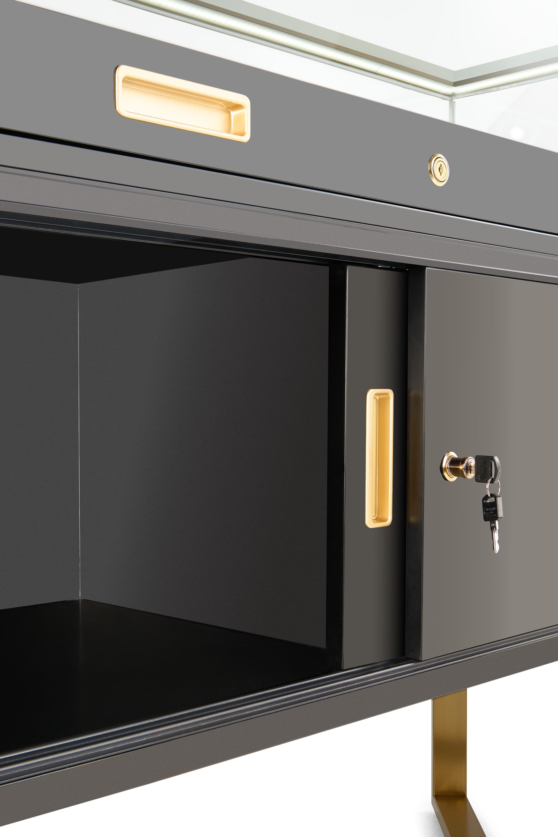 Retail glass display counter with split storage
