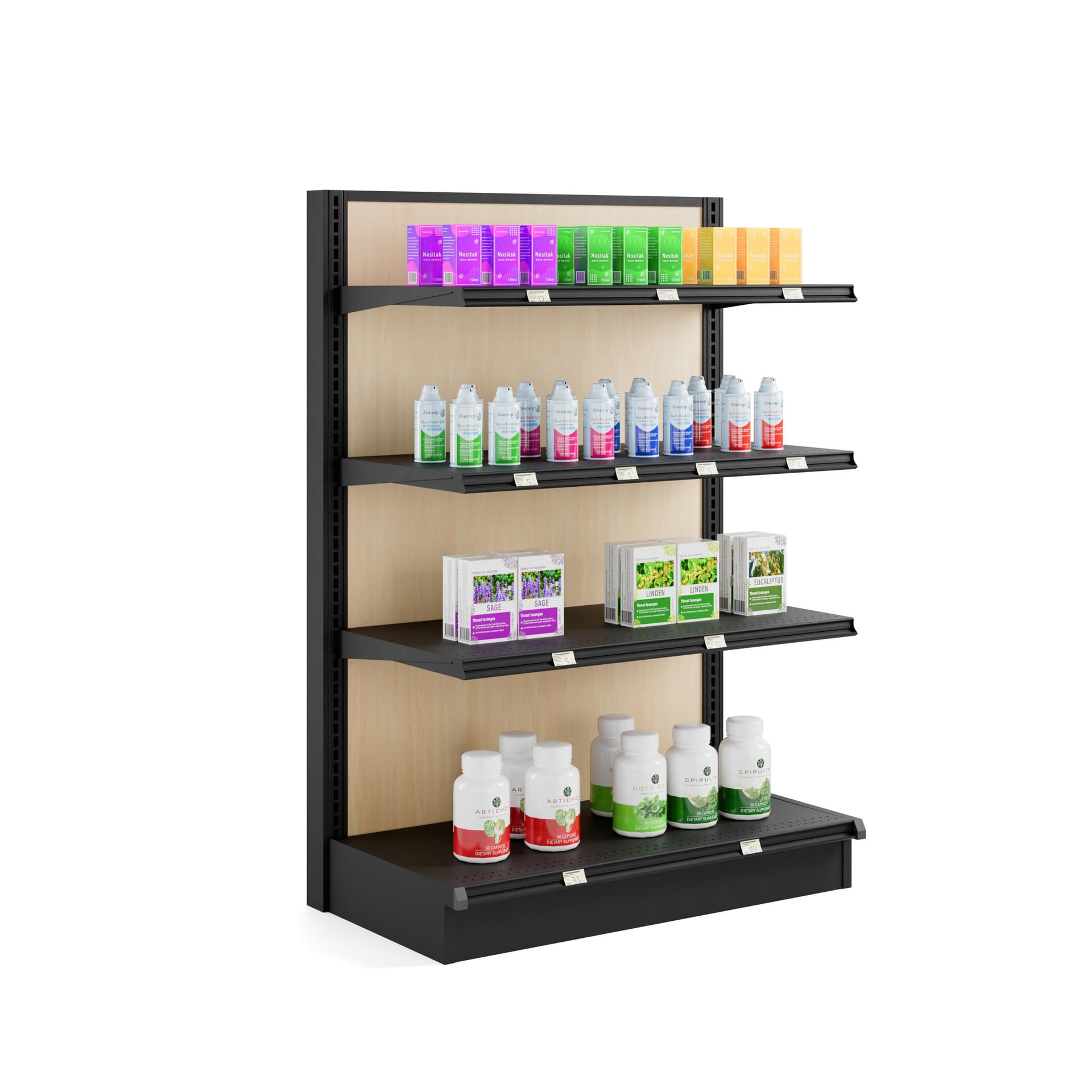Endcap add-on for GDBL retail gondolas compatible showing the unit being filled with merchandise