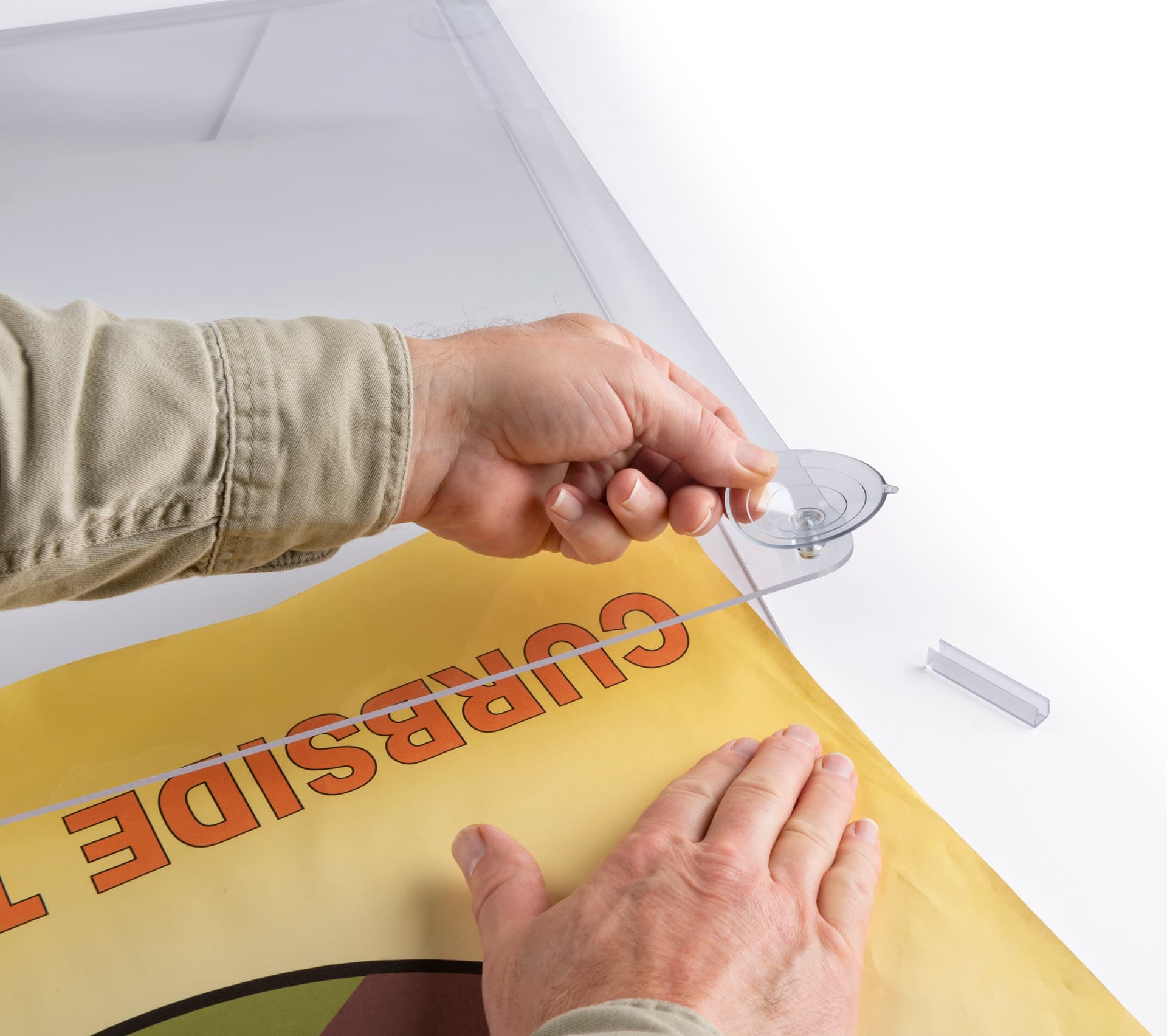 Window sign holder with top insert 