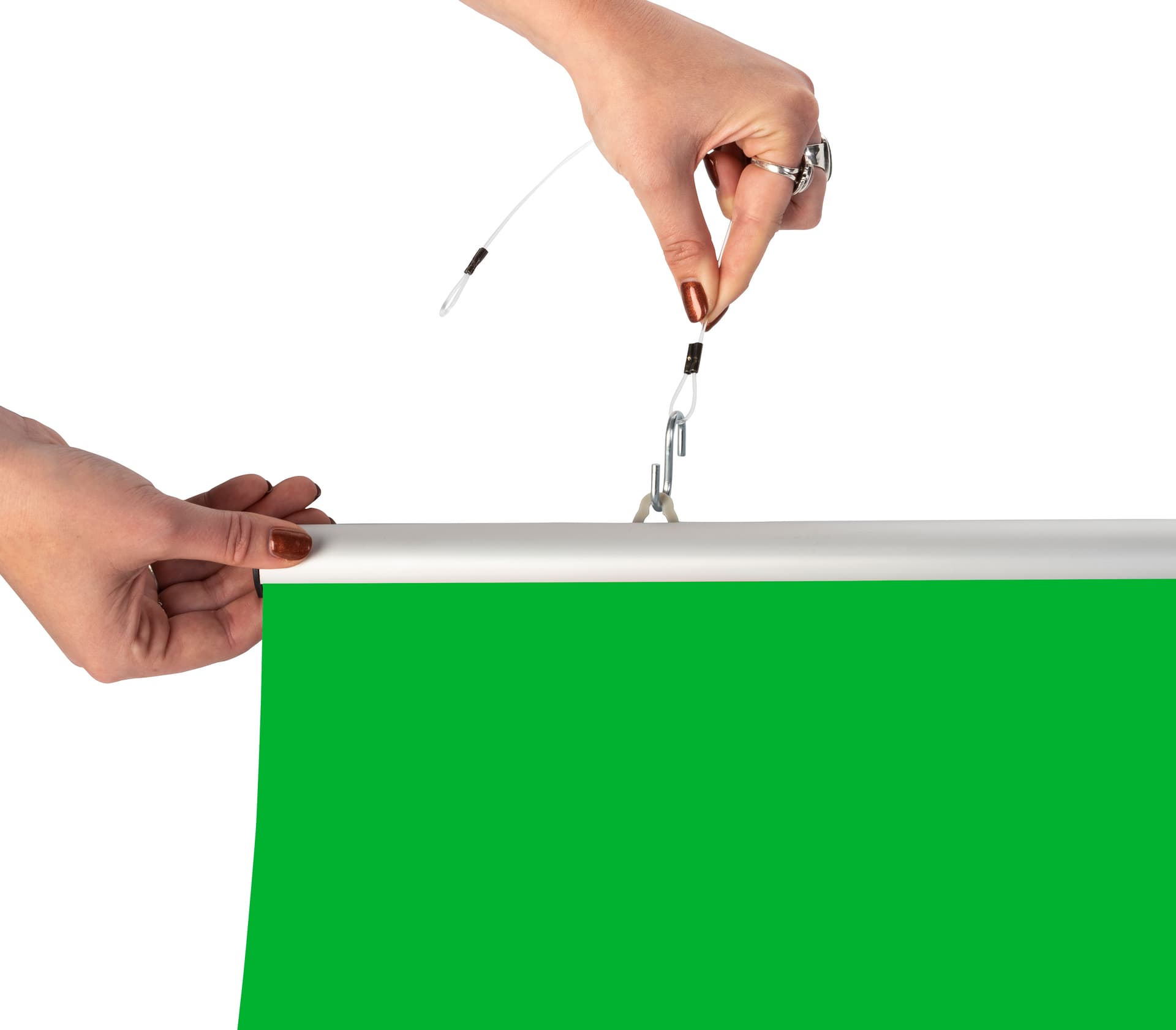 Hanging green screen backdrop with mounting hardware sold separately