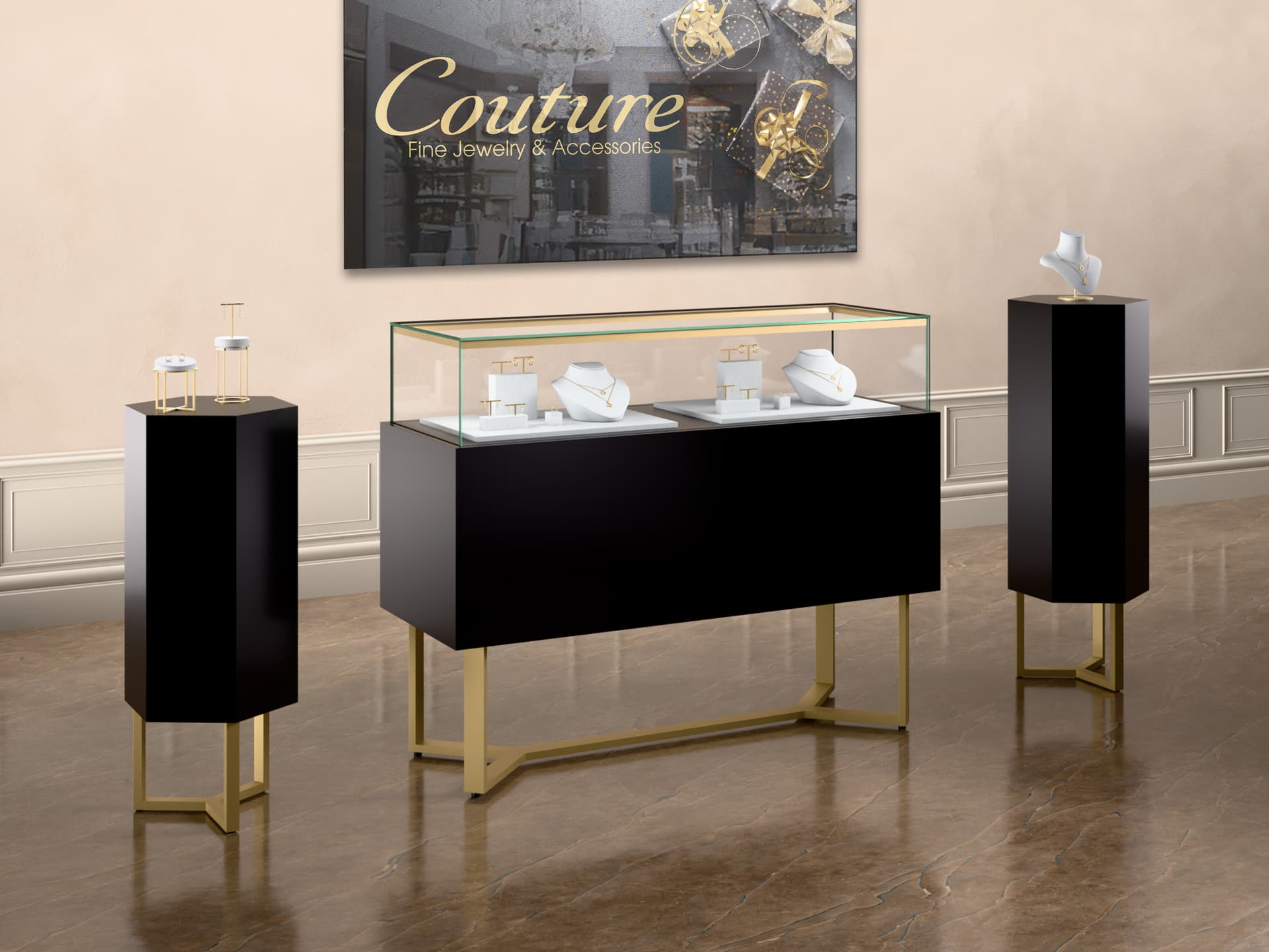 Floor standing pedestals paired with display case in retail environment