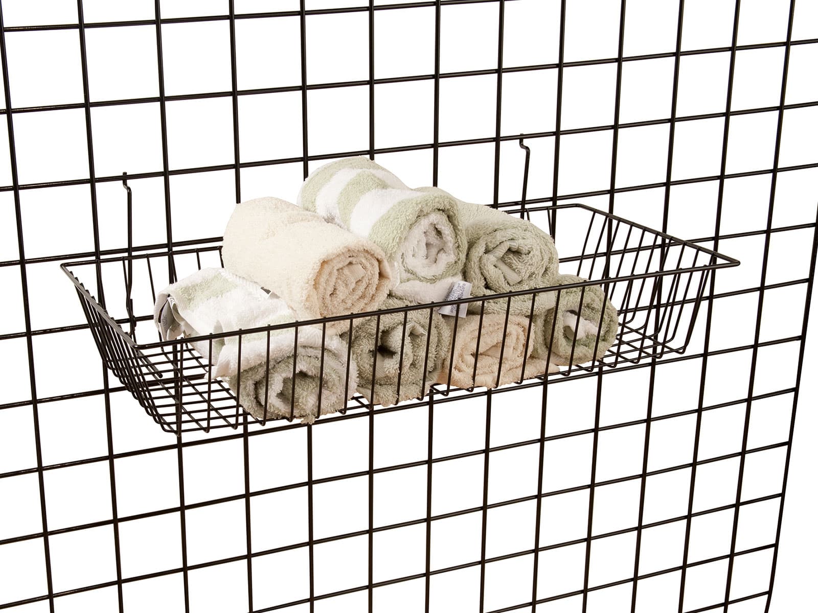 Wire gridwall basket stocked with towels