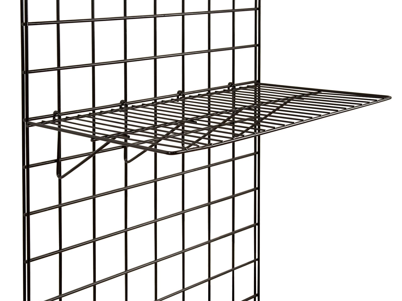 Wire shelf for gridwall hooks onto the steel grid