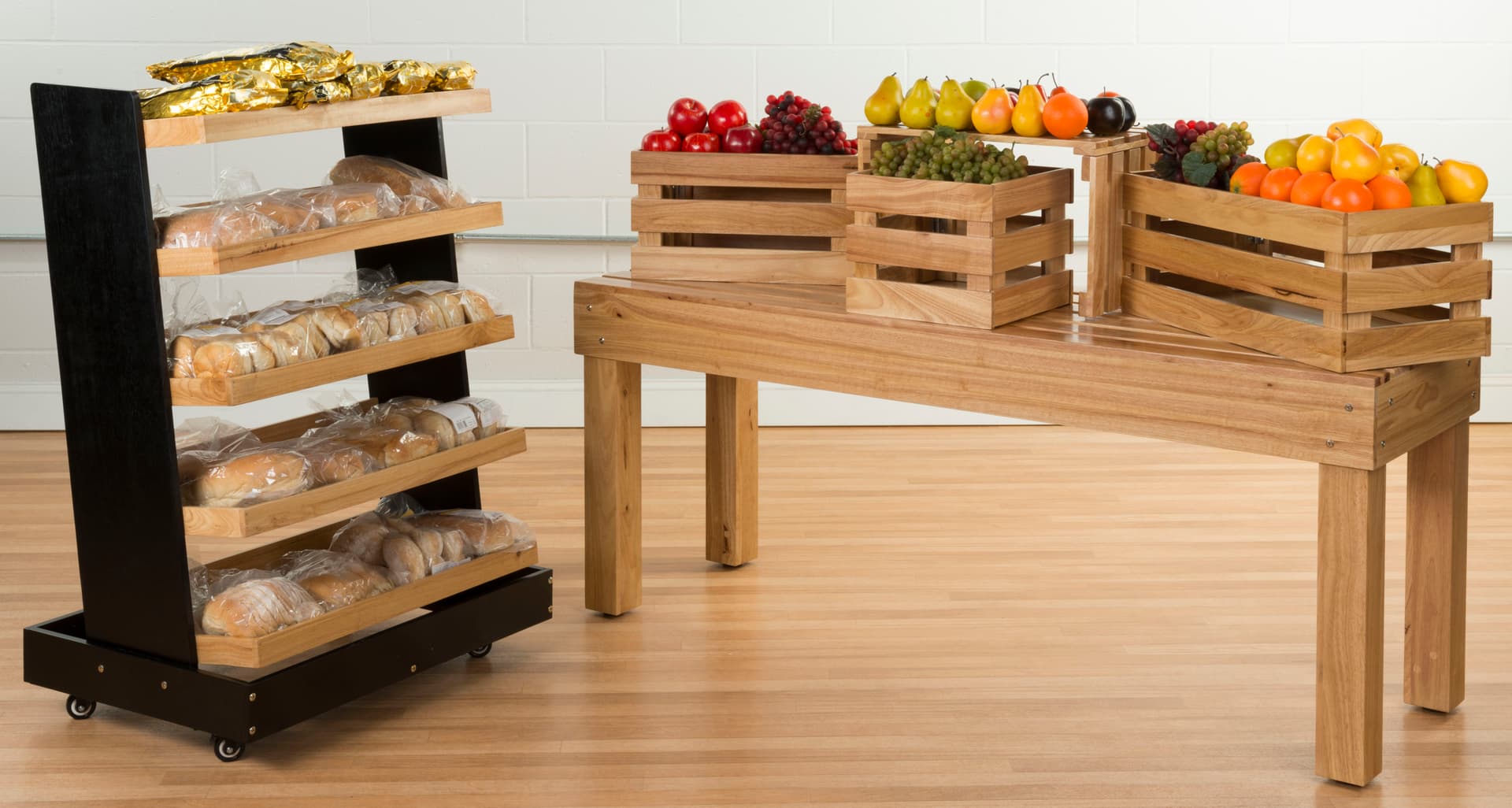 Wooden Stacking Tables in a Grocery Store Setting