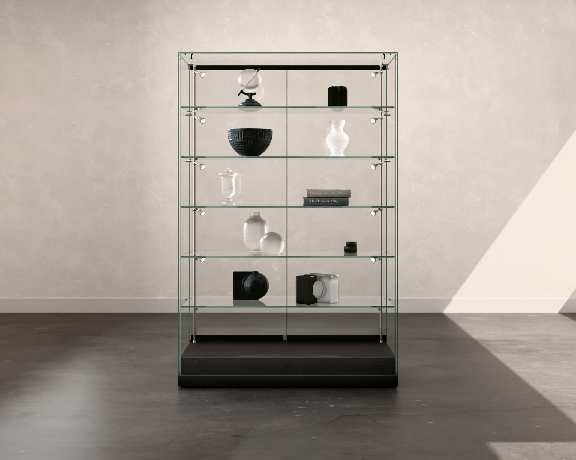 All glass display case in retail setting
