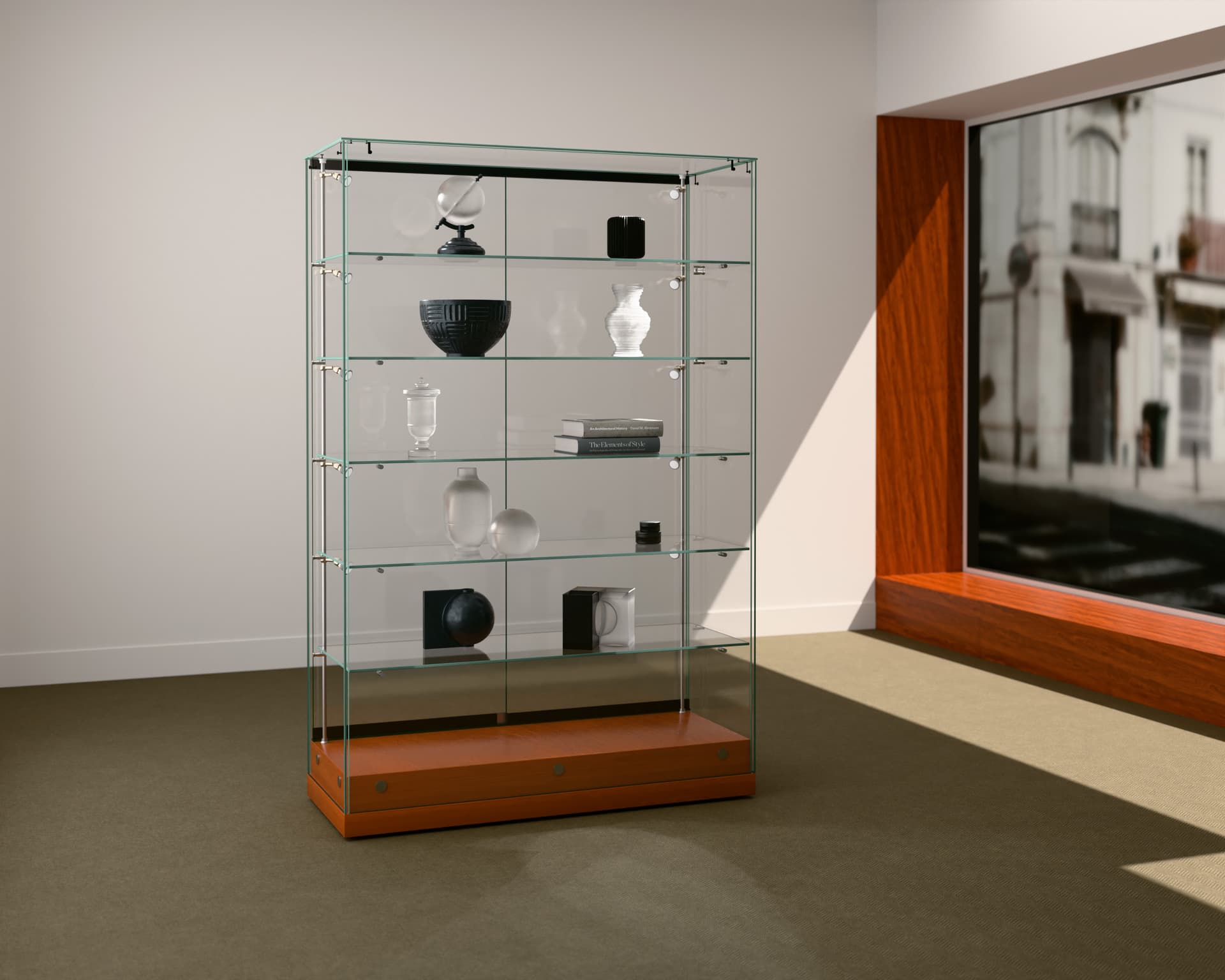 Glass curio display case in retail space