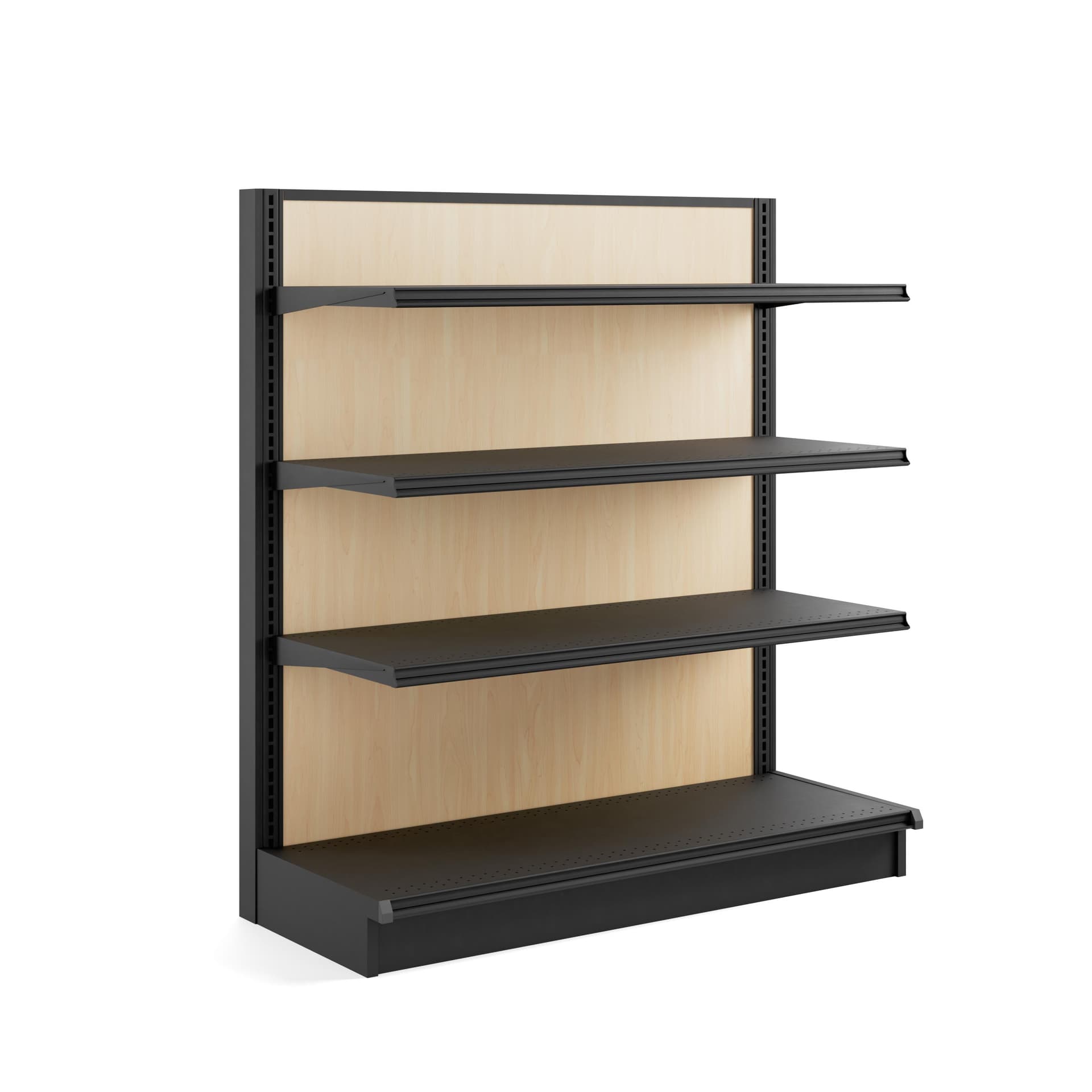 black and wood grain retail shelving