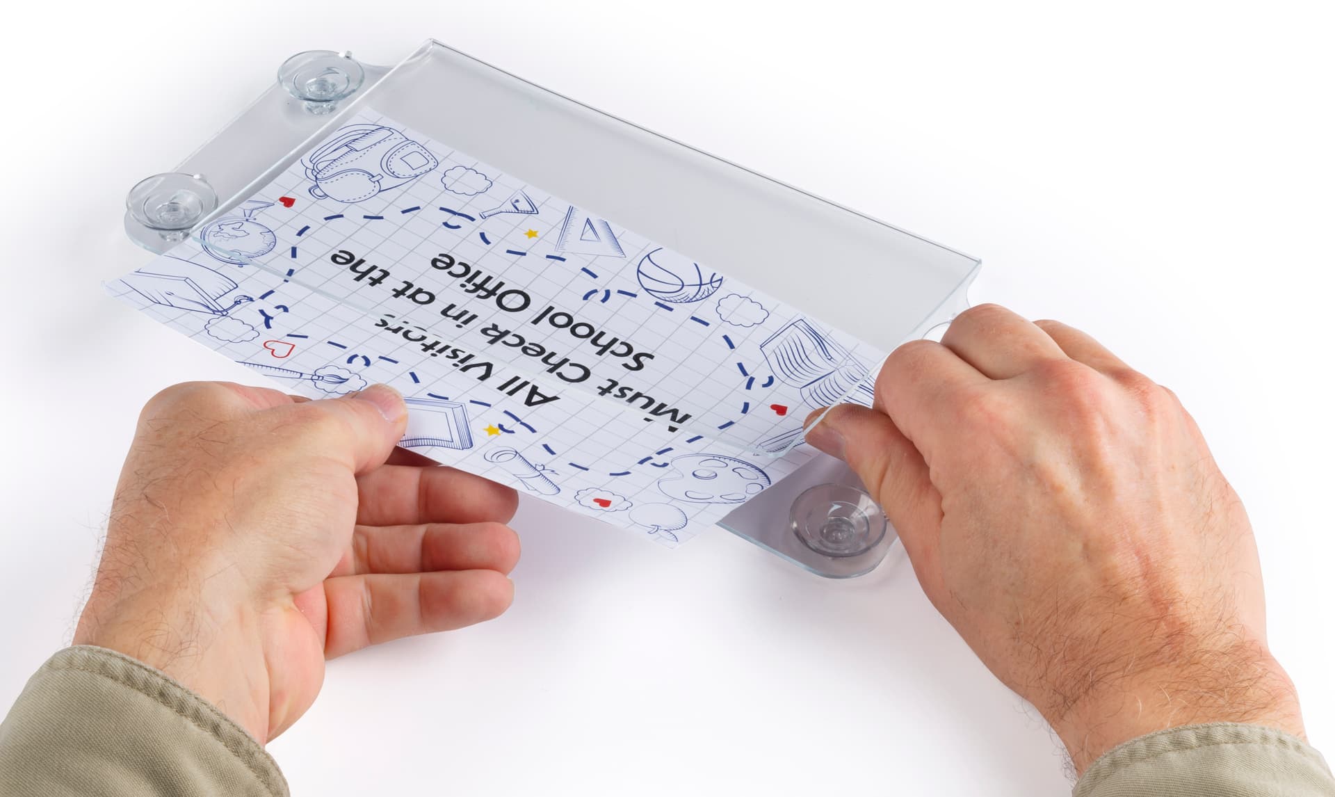 Window sign holder with side loading