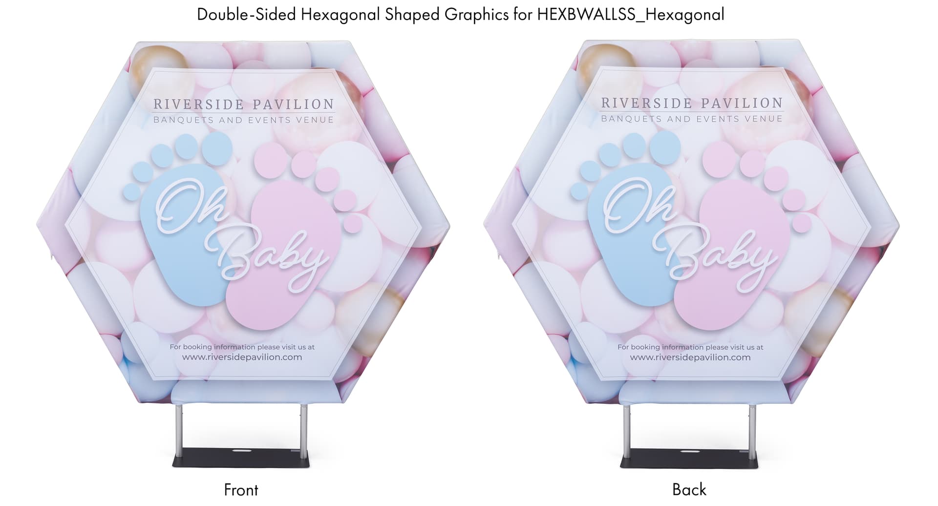 Hexagonal fabric pop up display with double-sided graphics 
