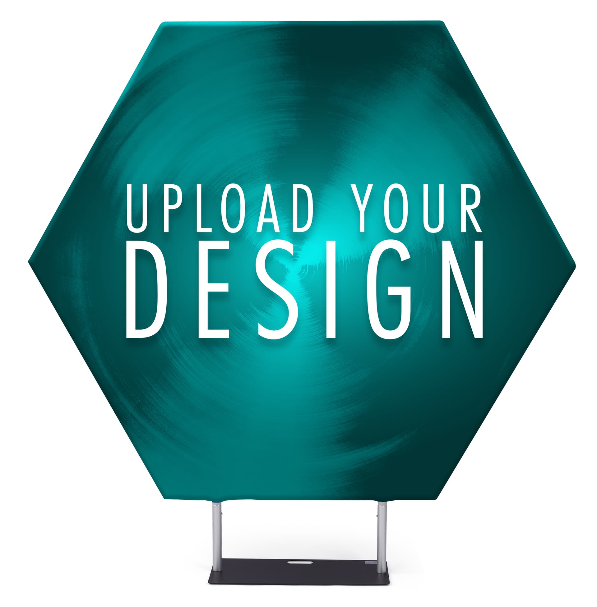 Hexagonal fabric pop up display with a steel base 