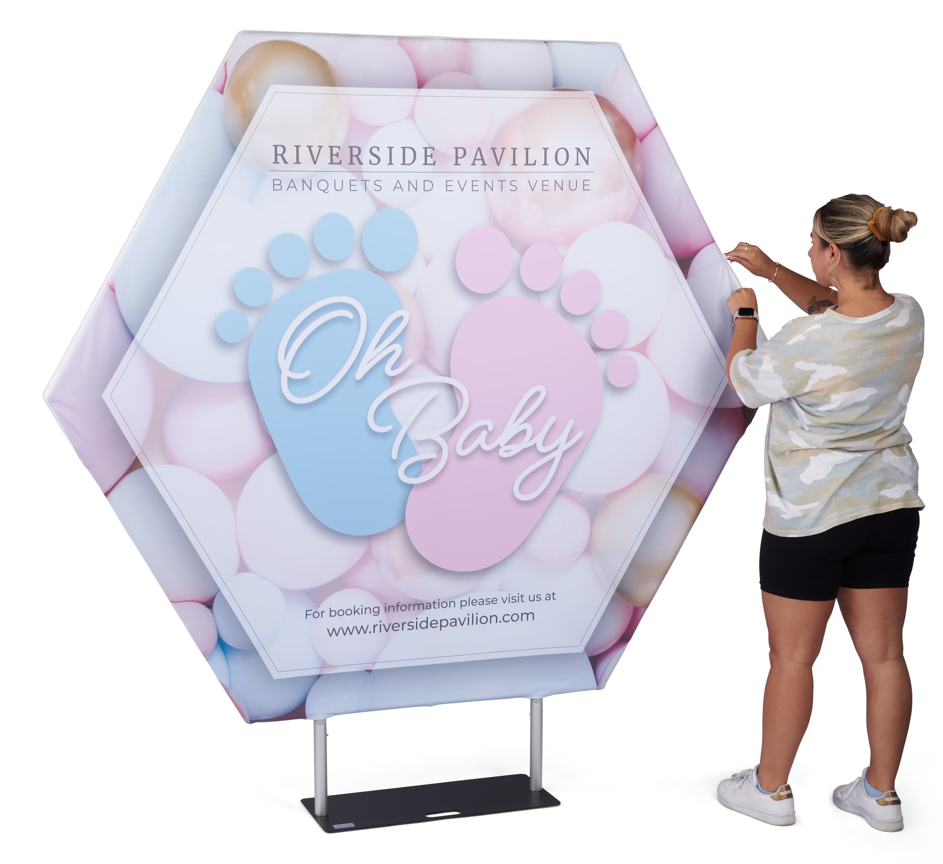 Hexagonal fabric pop up display with single or double-sided graphics 