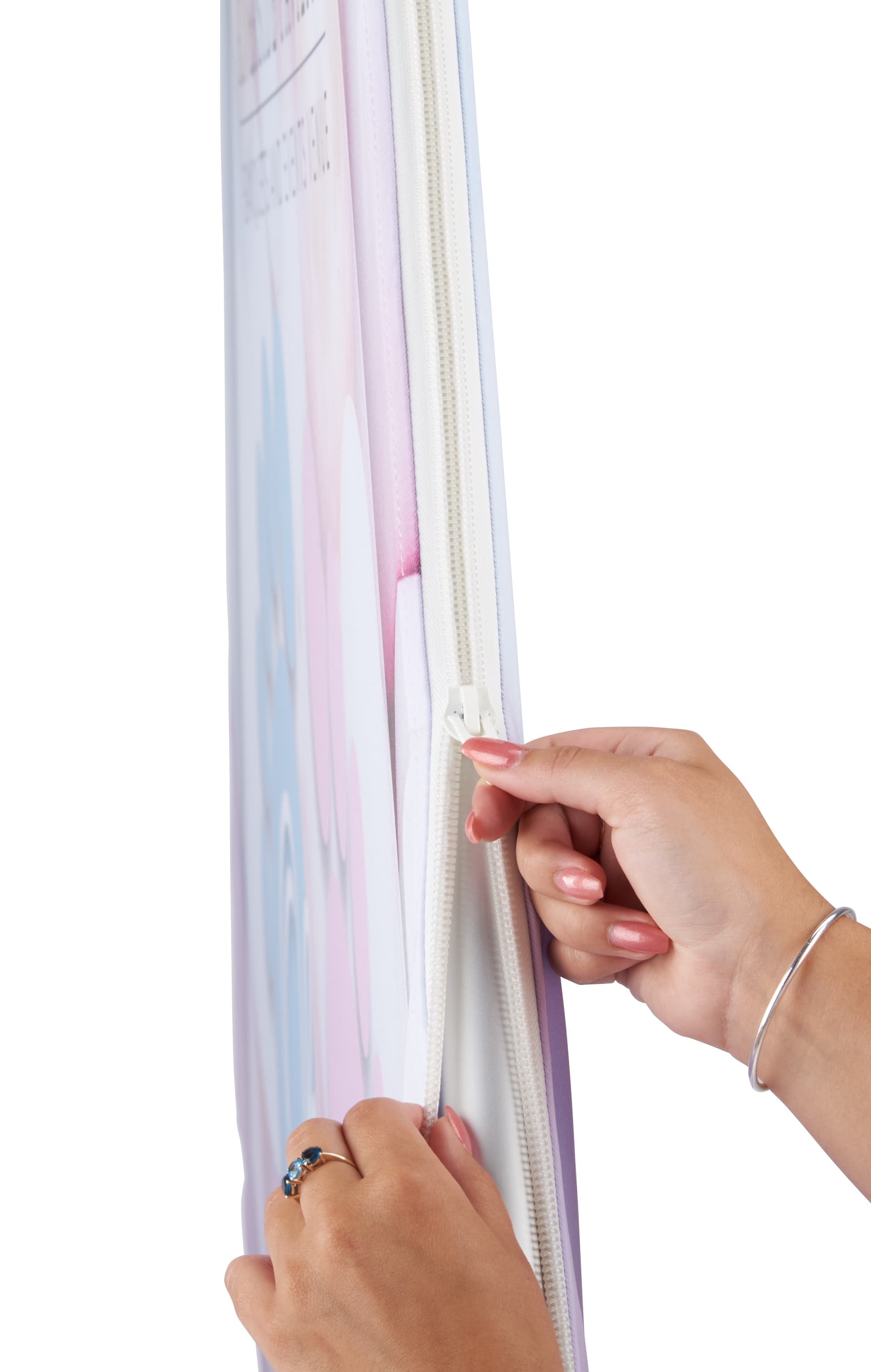 Hexagonal fabric pop up display with a zipper closure 