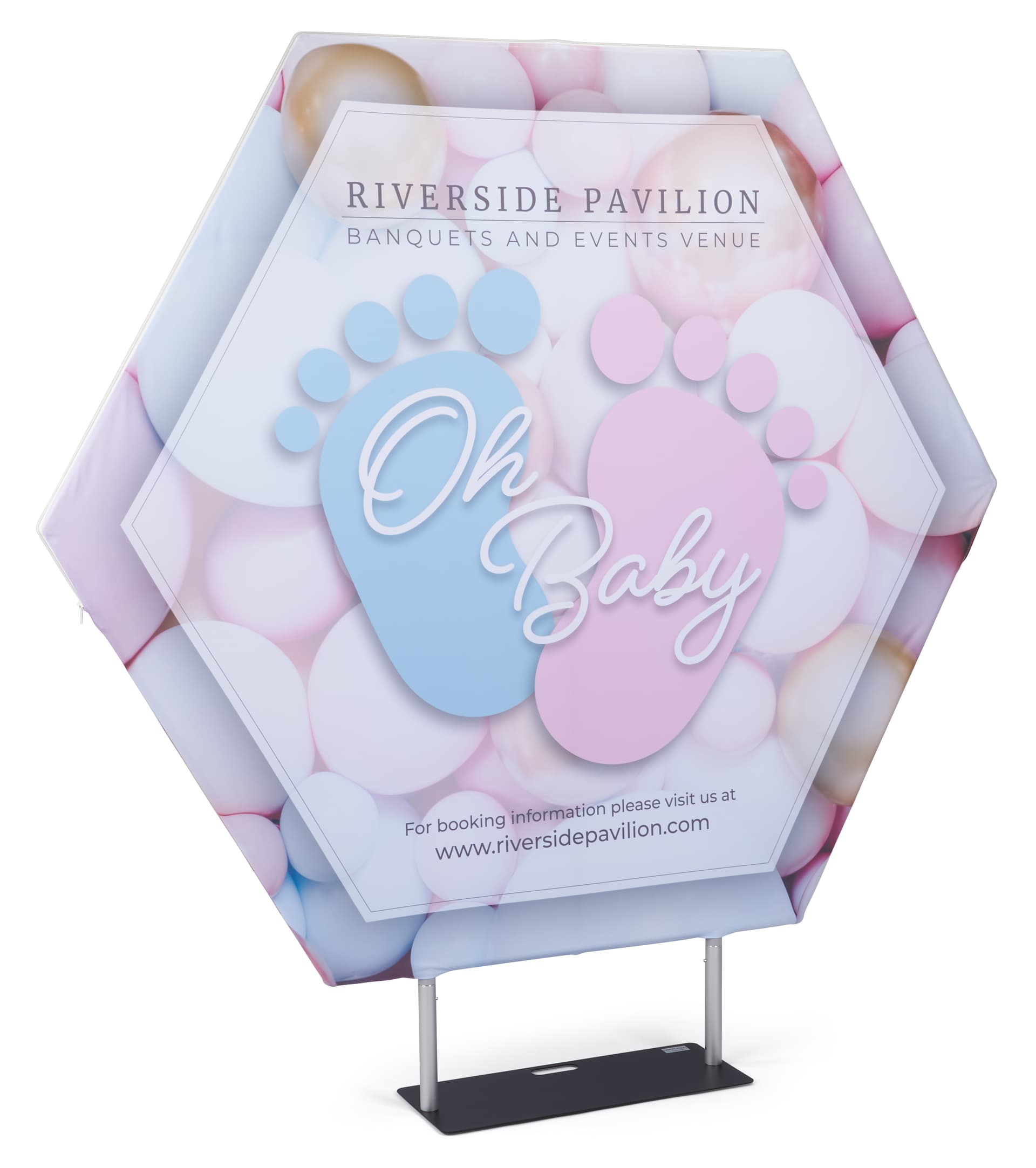 Hexagonal fabric pop up display with dye-sub printed graphics 