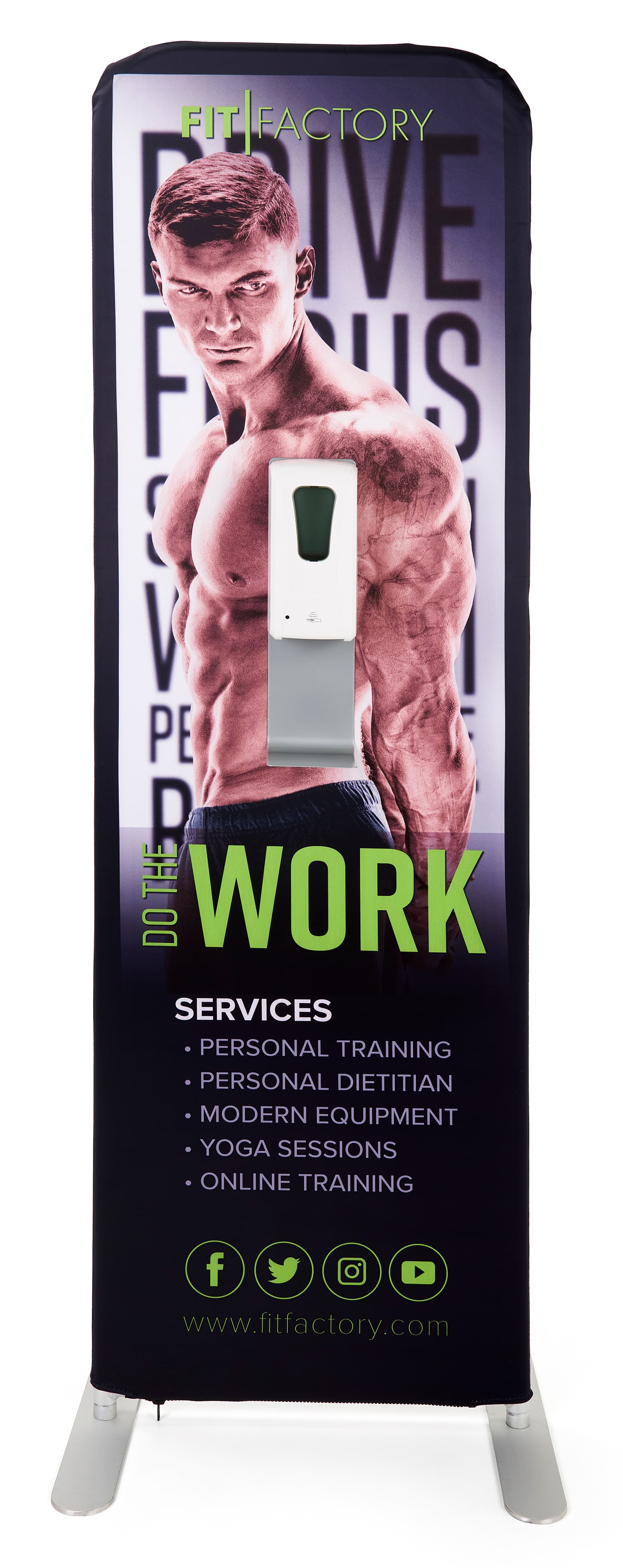 24 inch x 78.75 inch touchless hand sanitizer banner stand comes with a drip tray 