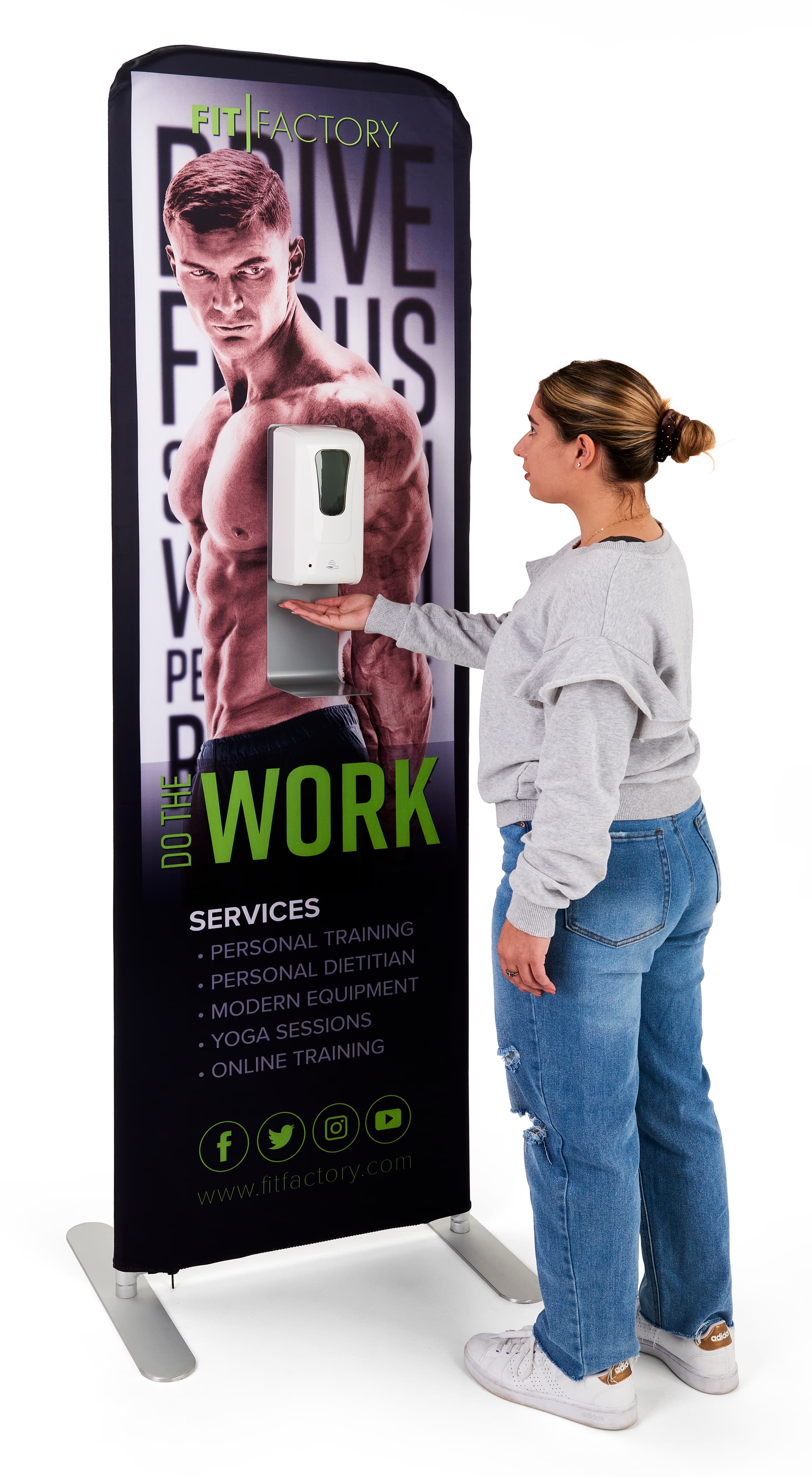 24 inch x 78.75 inch touchless hand sanitizer banner stand with an automatic cleansing dispenser 