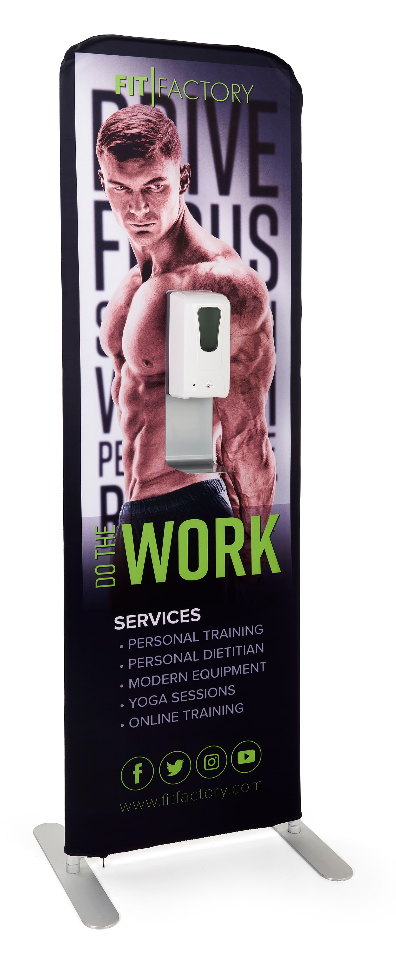 24 inch x 78.75 inch touchless hand sanitizer banner stand with custom graphics 