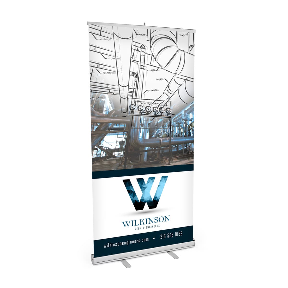 Budget narrow base retractable banner stand with silver hardware
