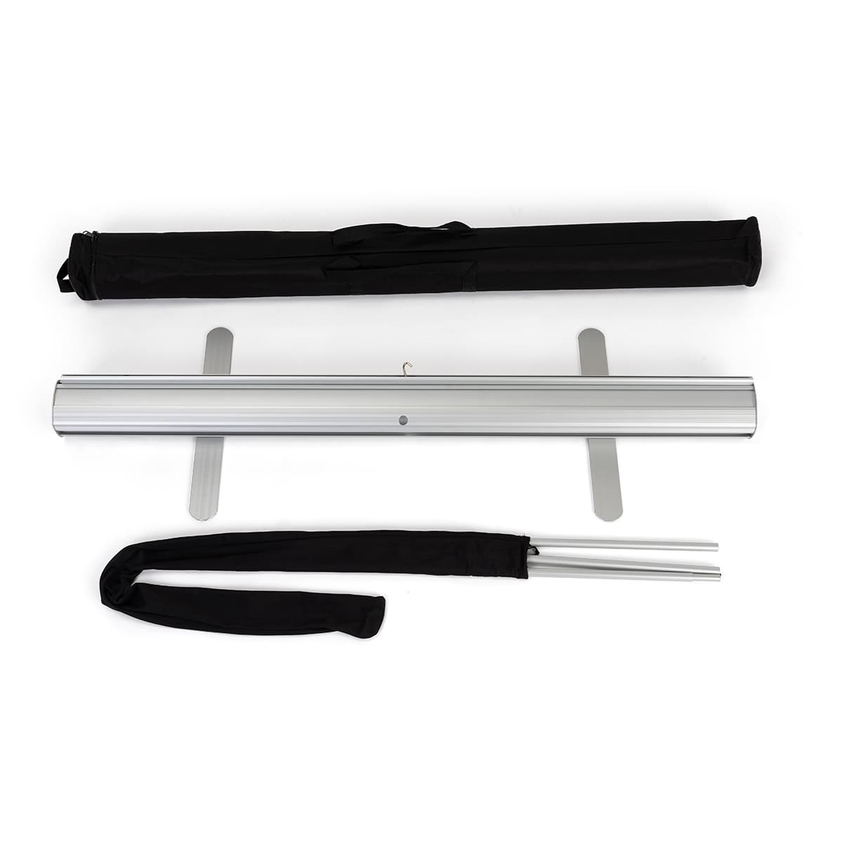 Budget narrow base retractable banner stand with silver satin finish
