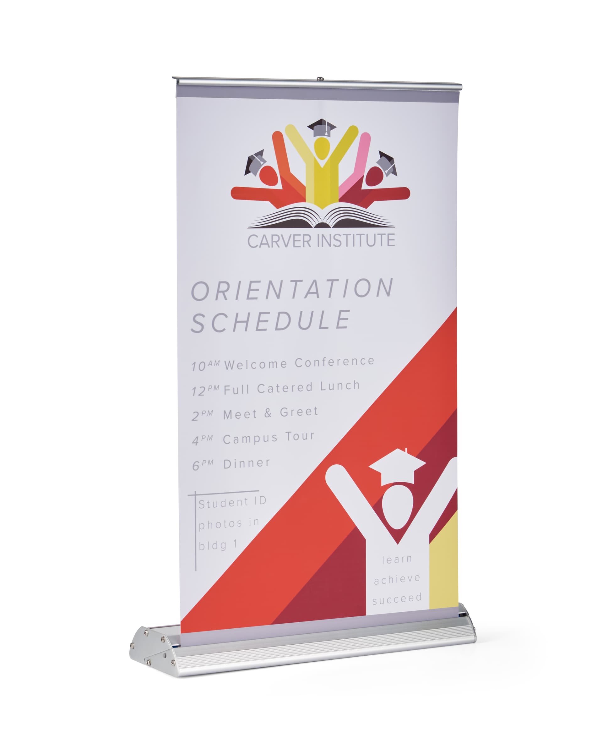 Standard tabletop retractable banner stand with silver base