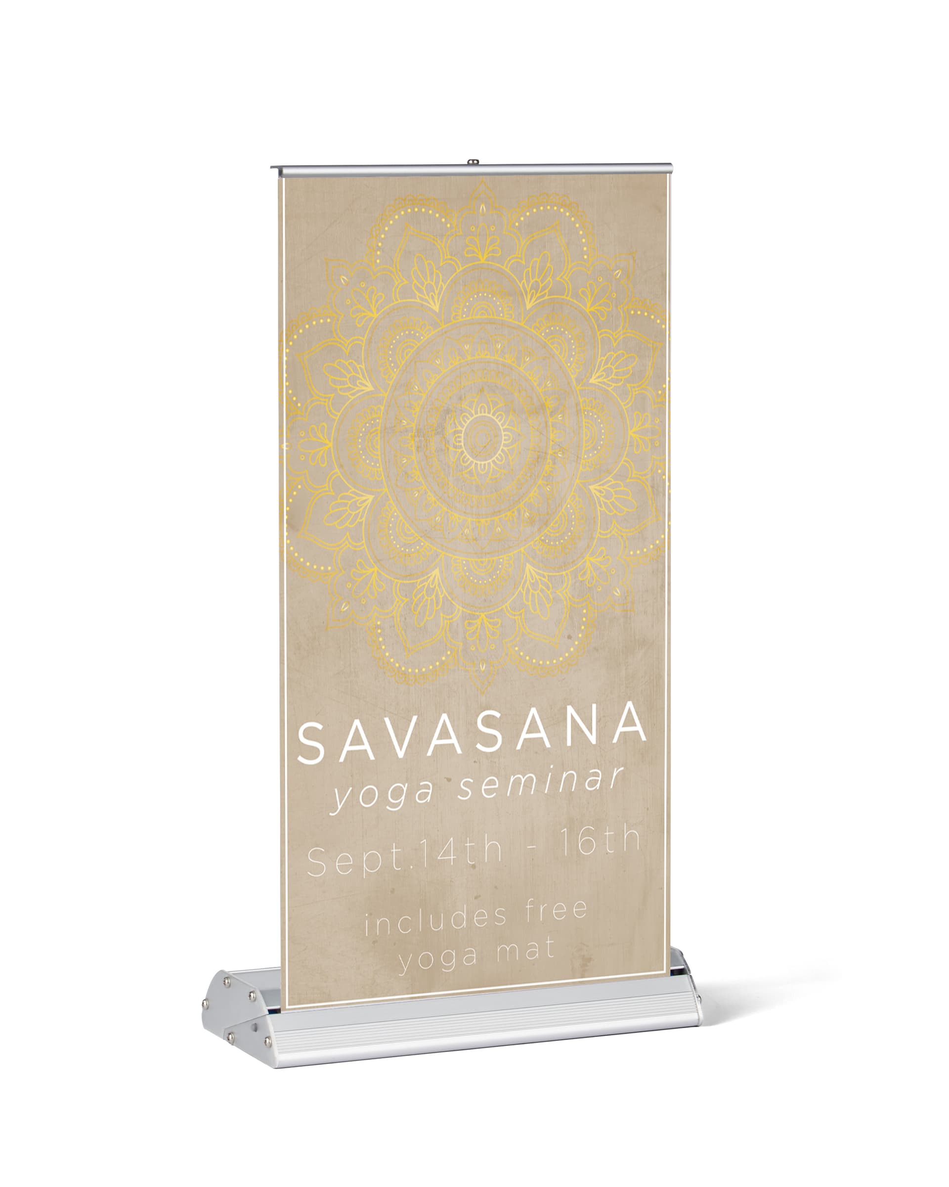 Standard tabletop retractable banner stand measures 8 inches wide