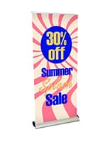 Silver wing retractable banner stand with blue end cap covers 