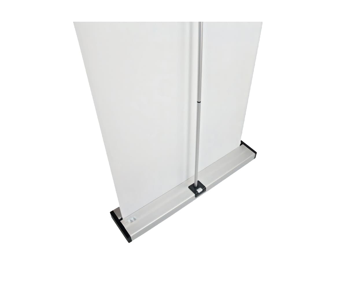 Edge retractable banner stand with black end cap covers