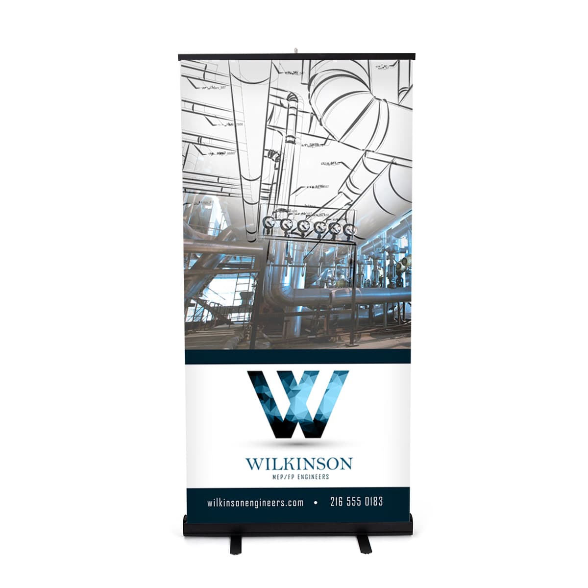 Budget narrow base retractable banner stand with full color graphic panel