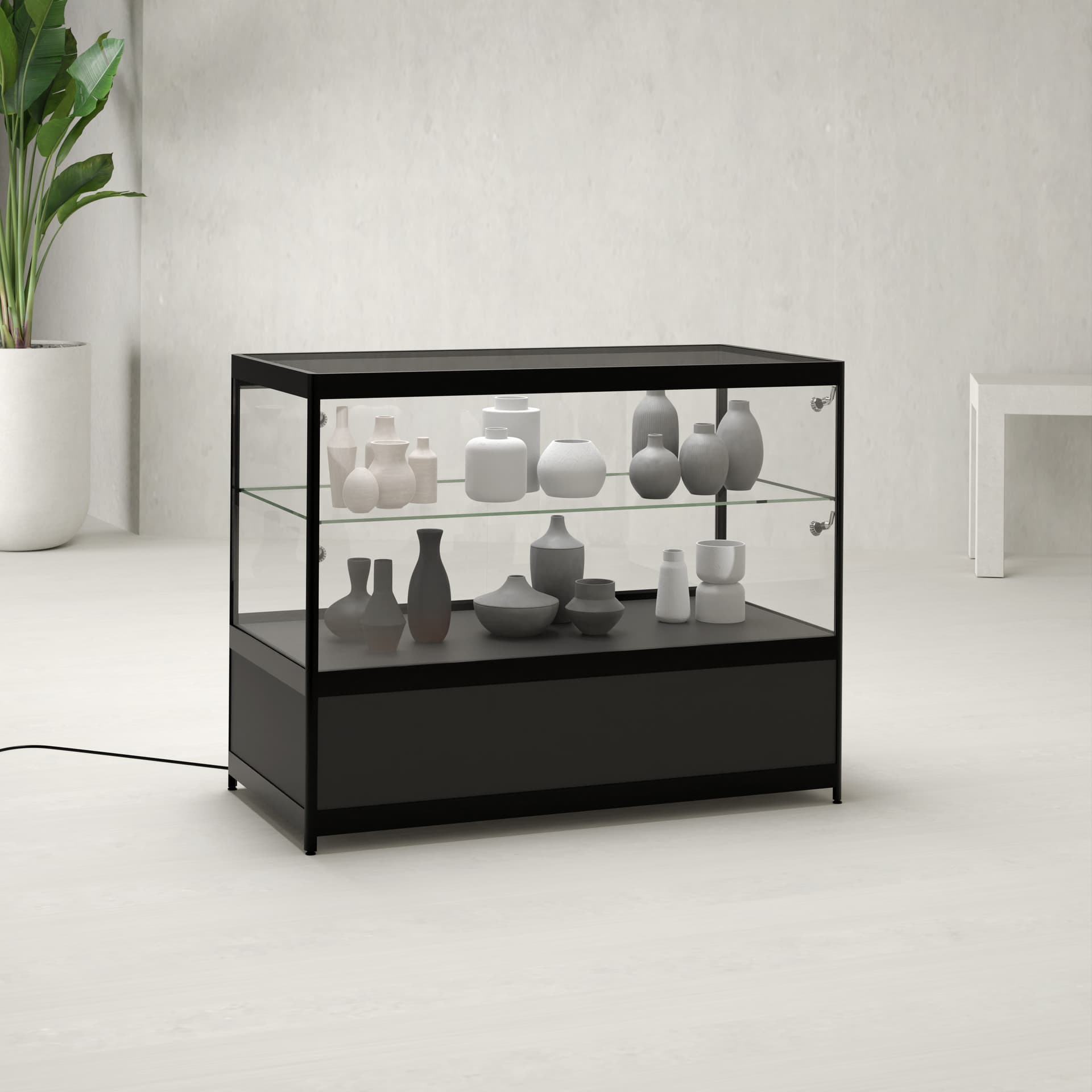 Illuminated glass display case in retail setting 