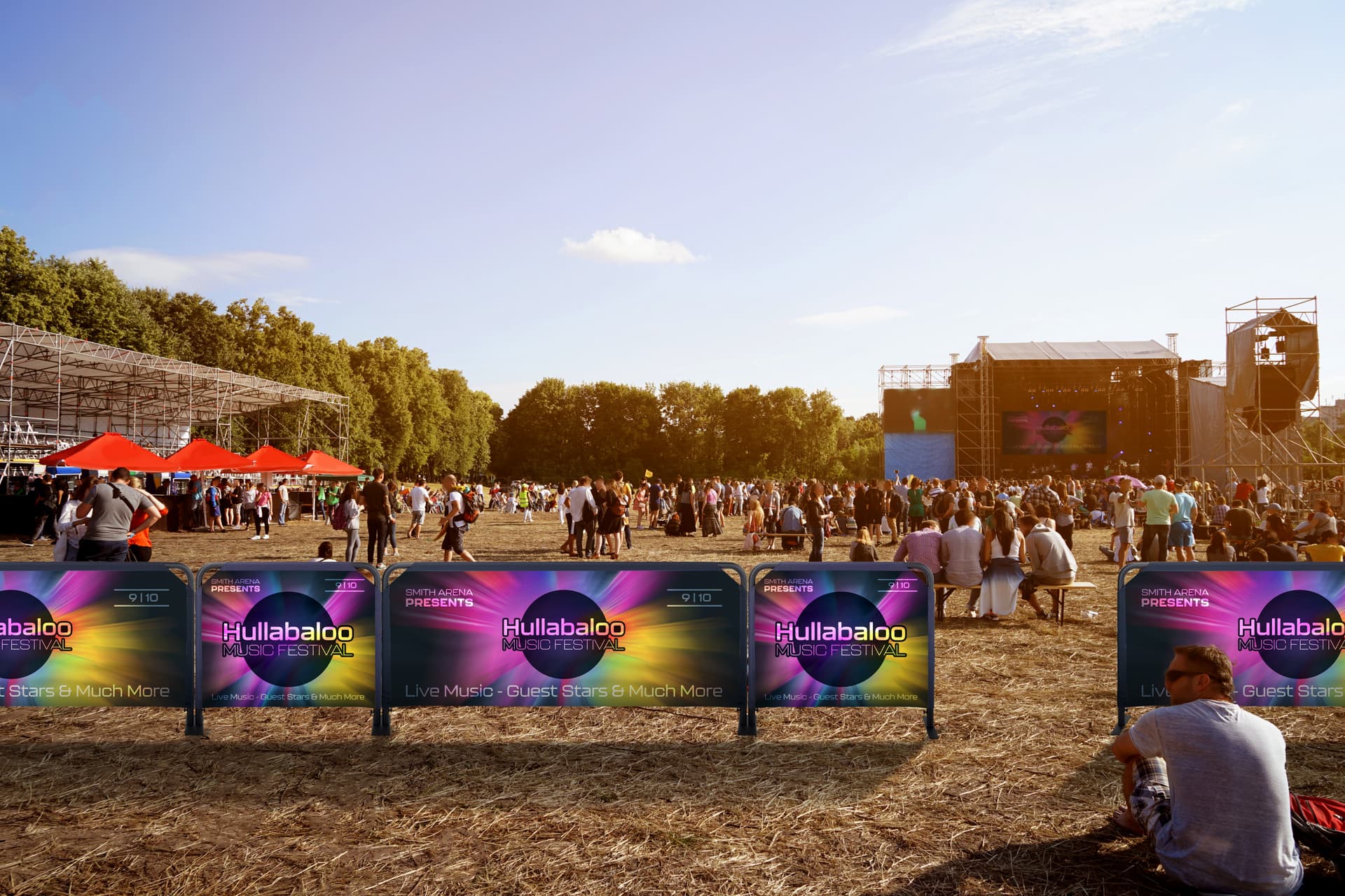 Custom cafe barrier used for crowd control at outdoor concert venue