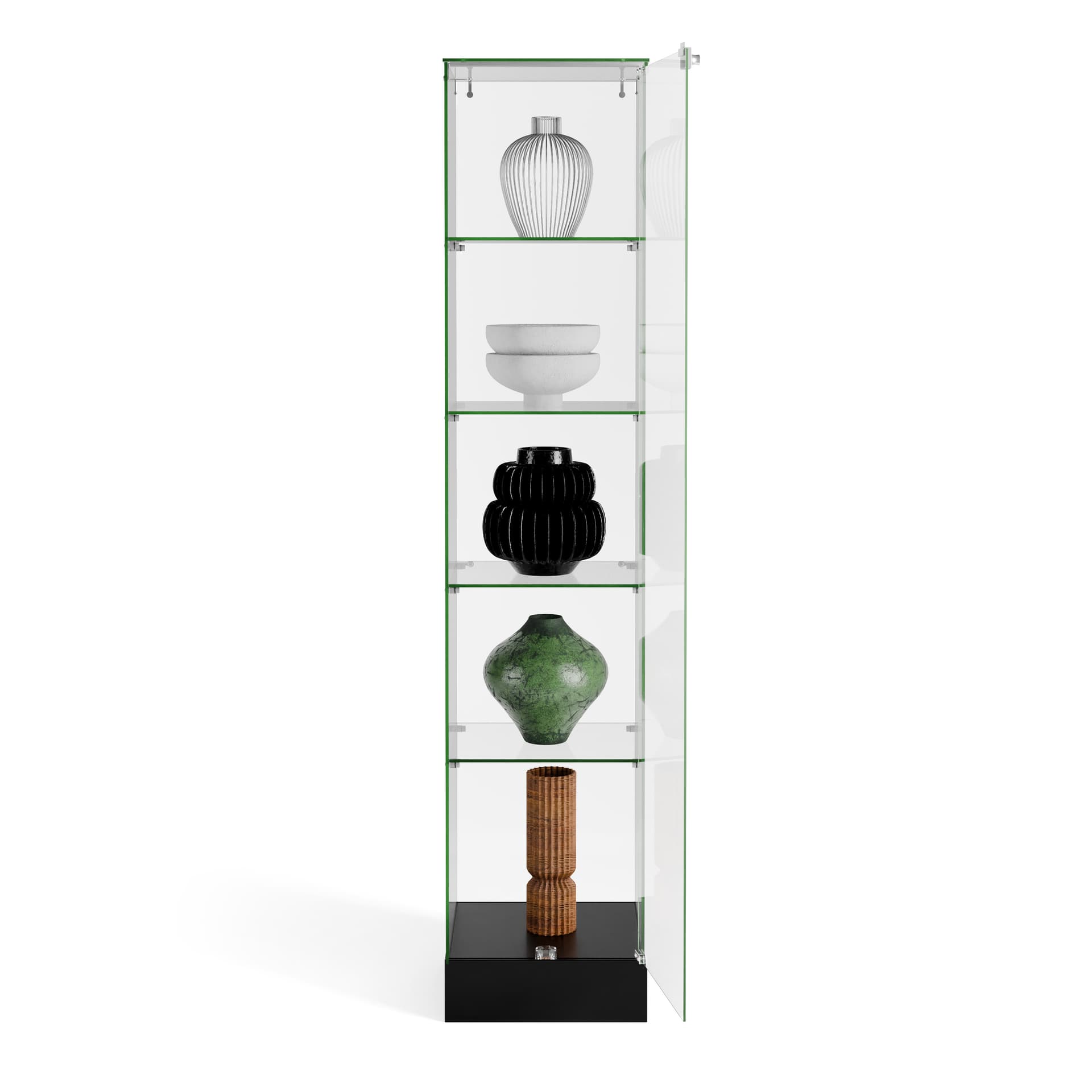 Tower display with hinged door