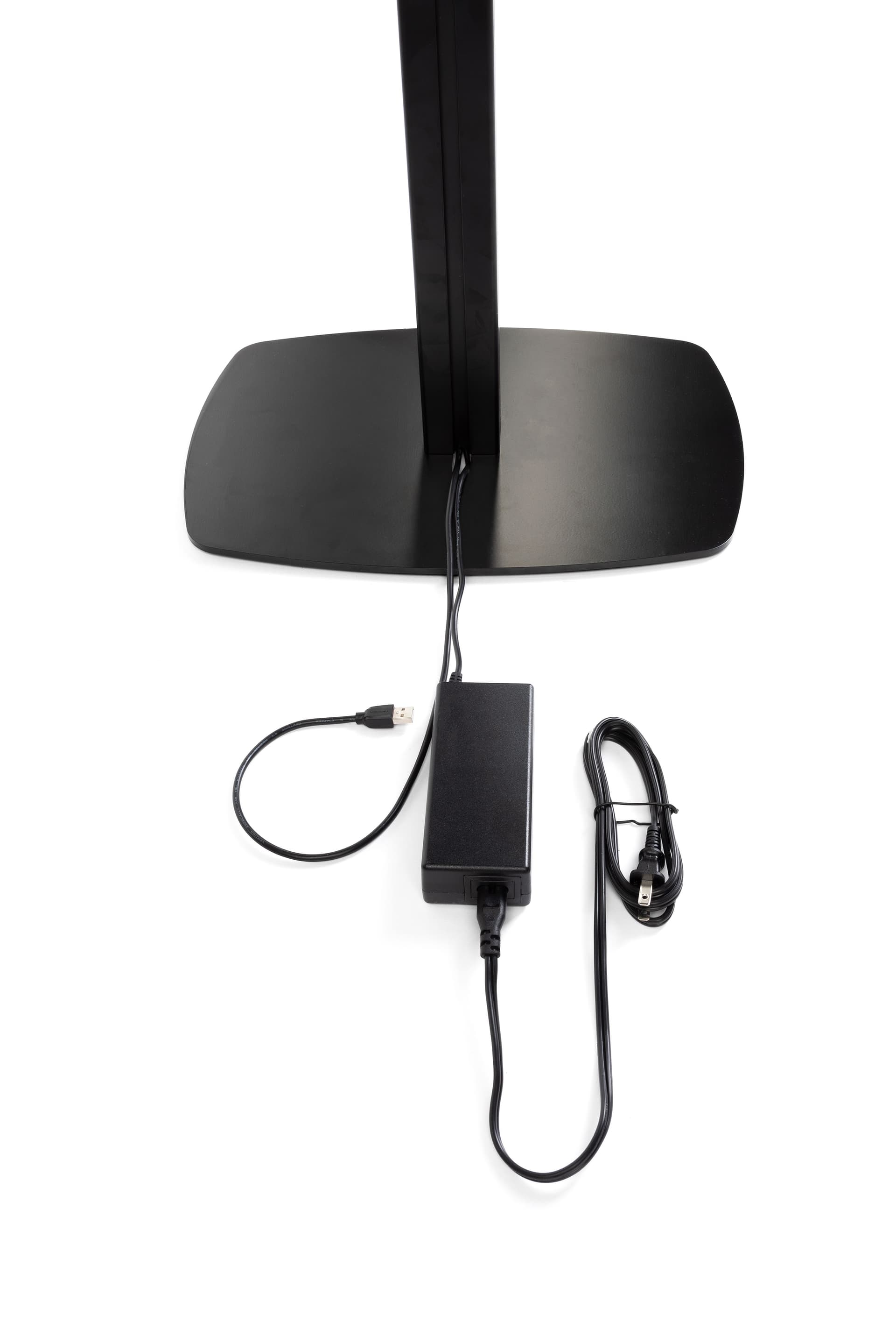 iPad photo booth stand with light ring featuring cable management for power cords