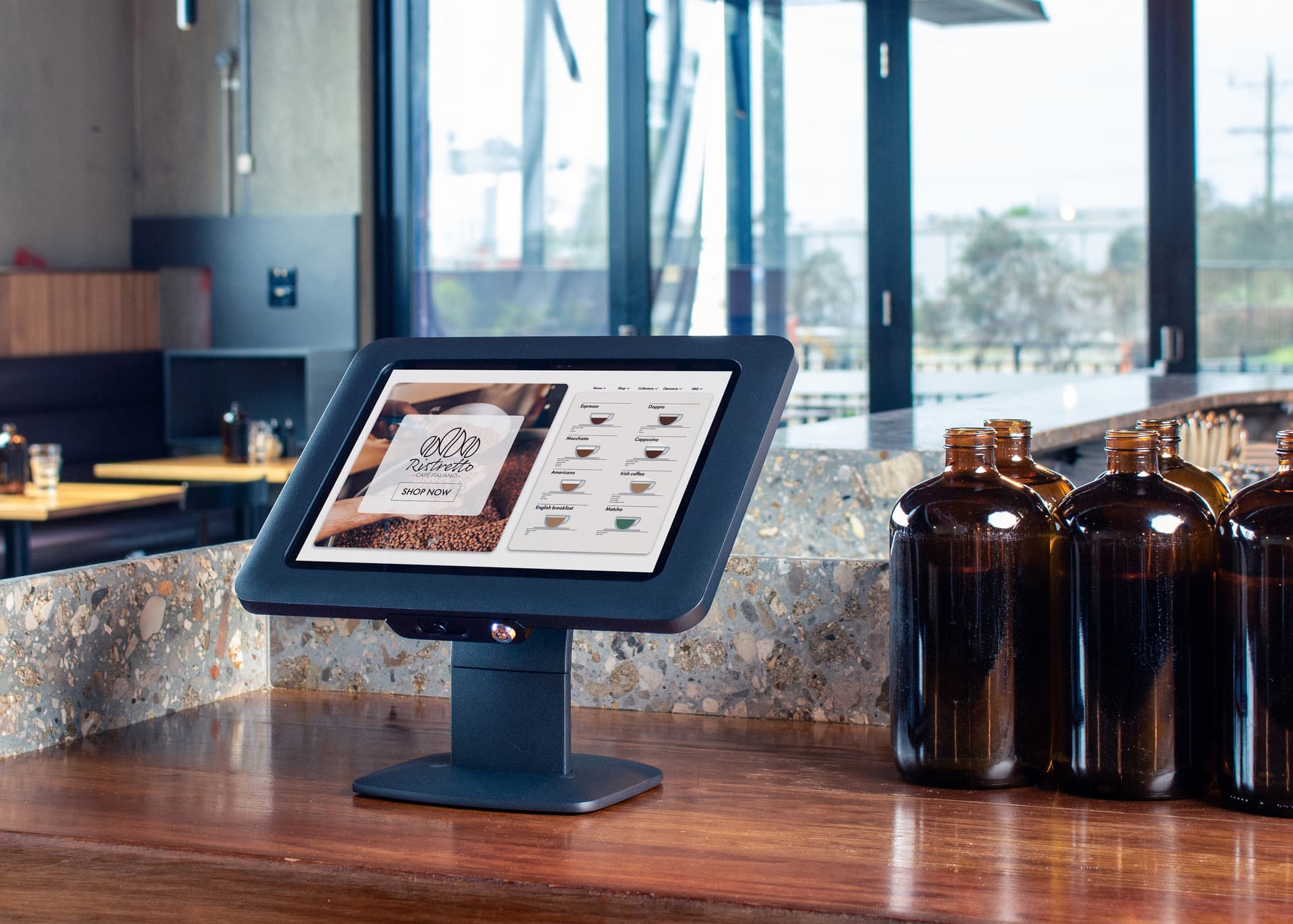 Desktop iPad holder with a countertop or wall mounted placement