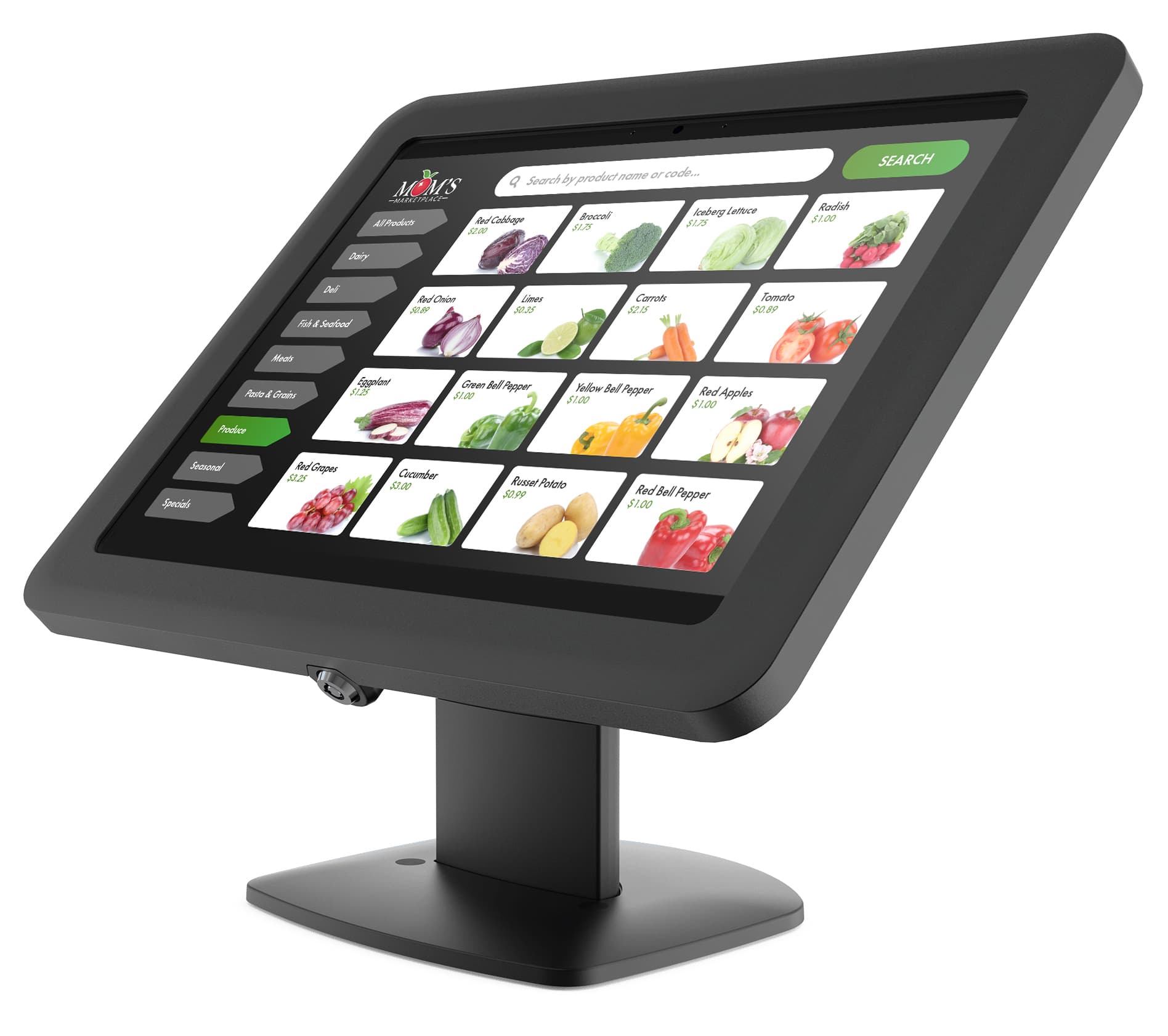 Microsoft Surface kiosk stand showcasing a grocery store POS system