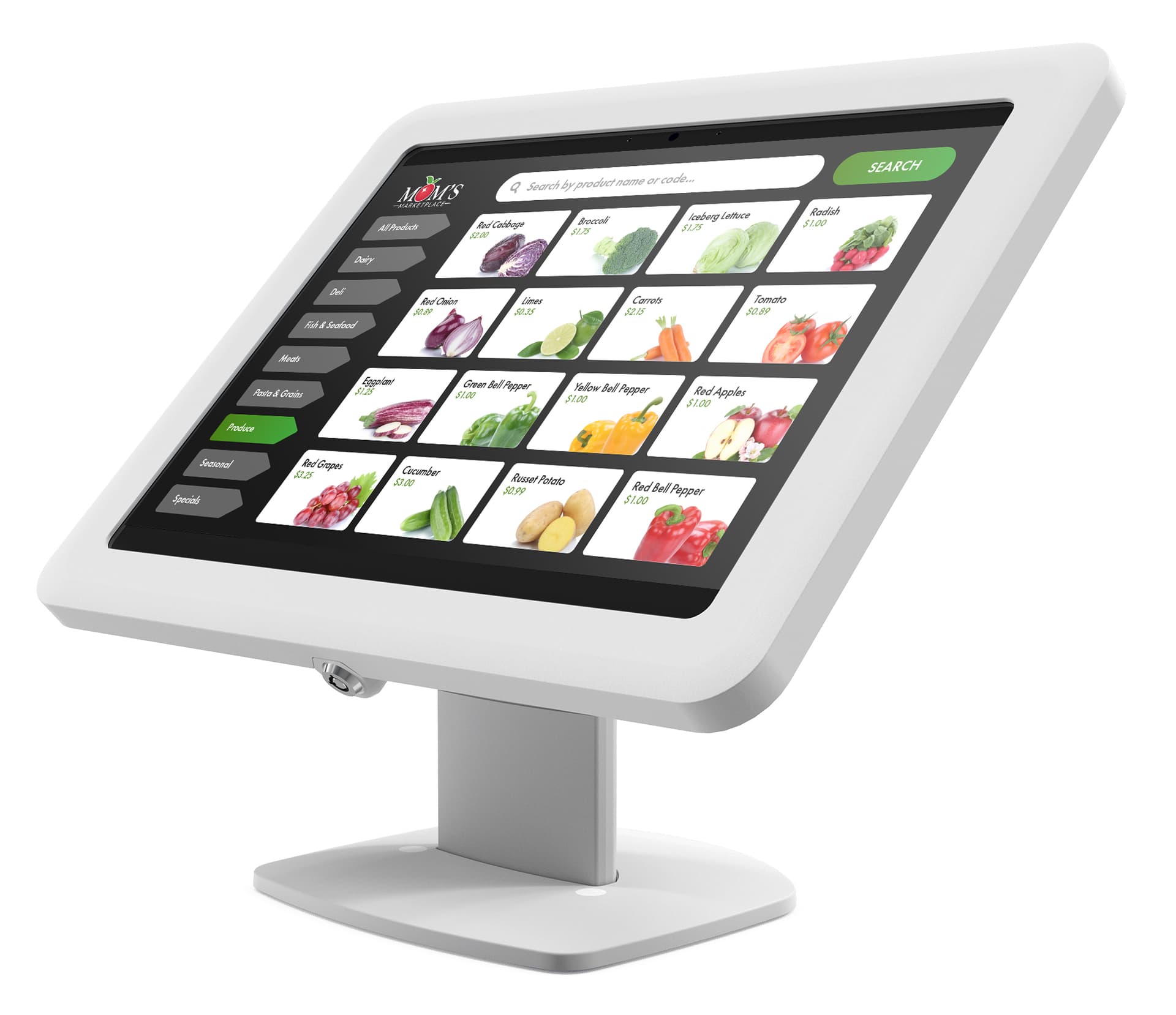 Microsoft Surface kiosk stand showcasing a POS system for a farmers market