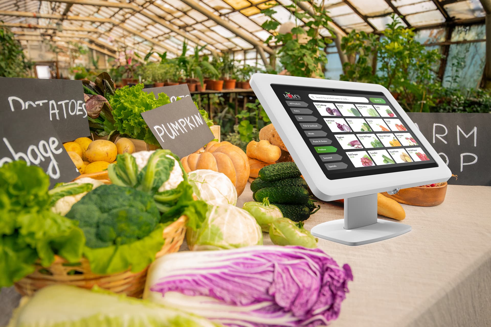 Microsoft Surface kiosk stand being utilized as POS system at a farmers market