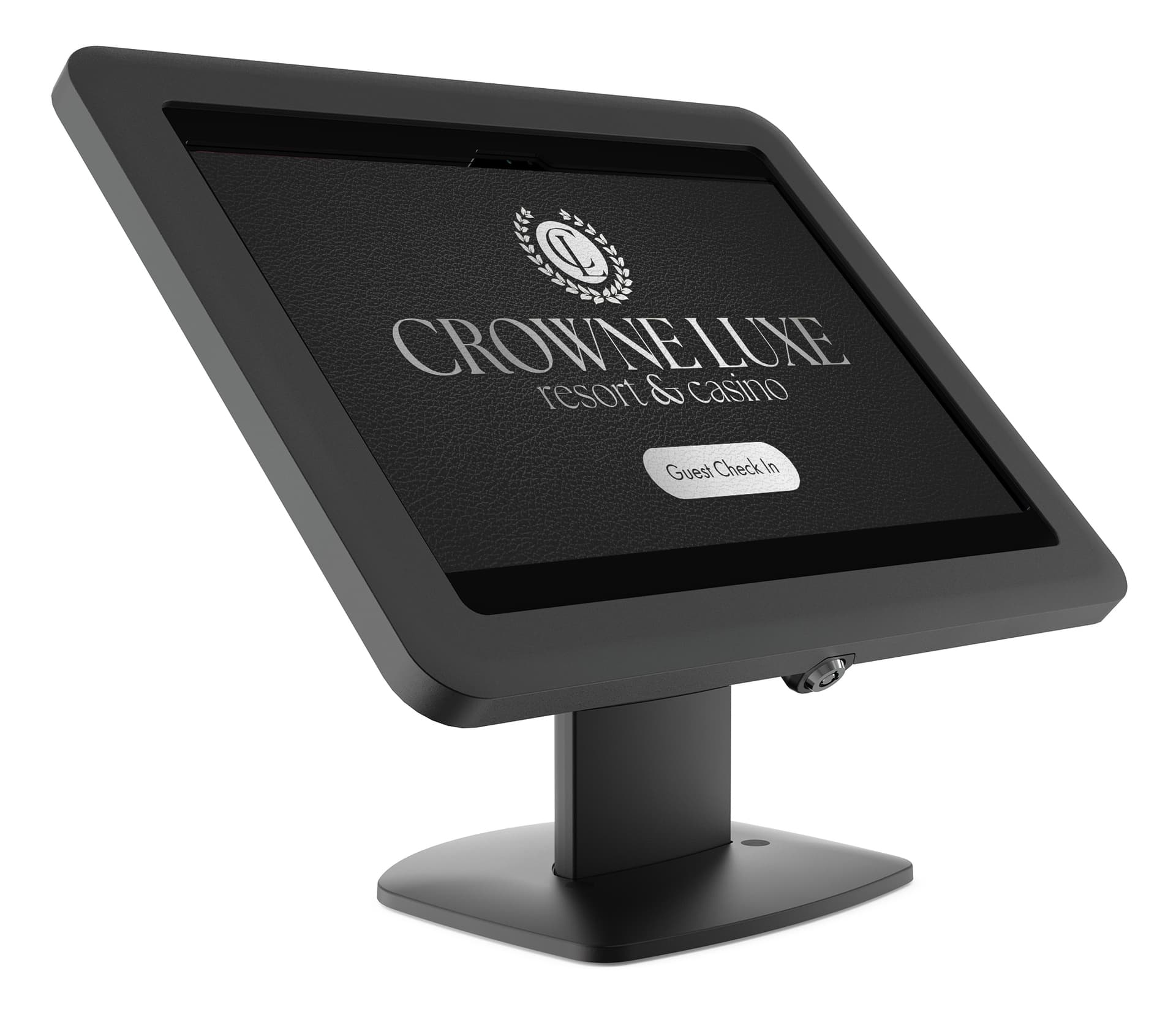 Countertop Samsung Galaxy tablet holder with hotel check in being displayed on the tablet