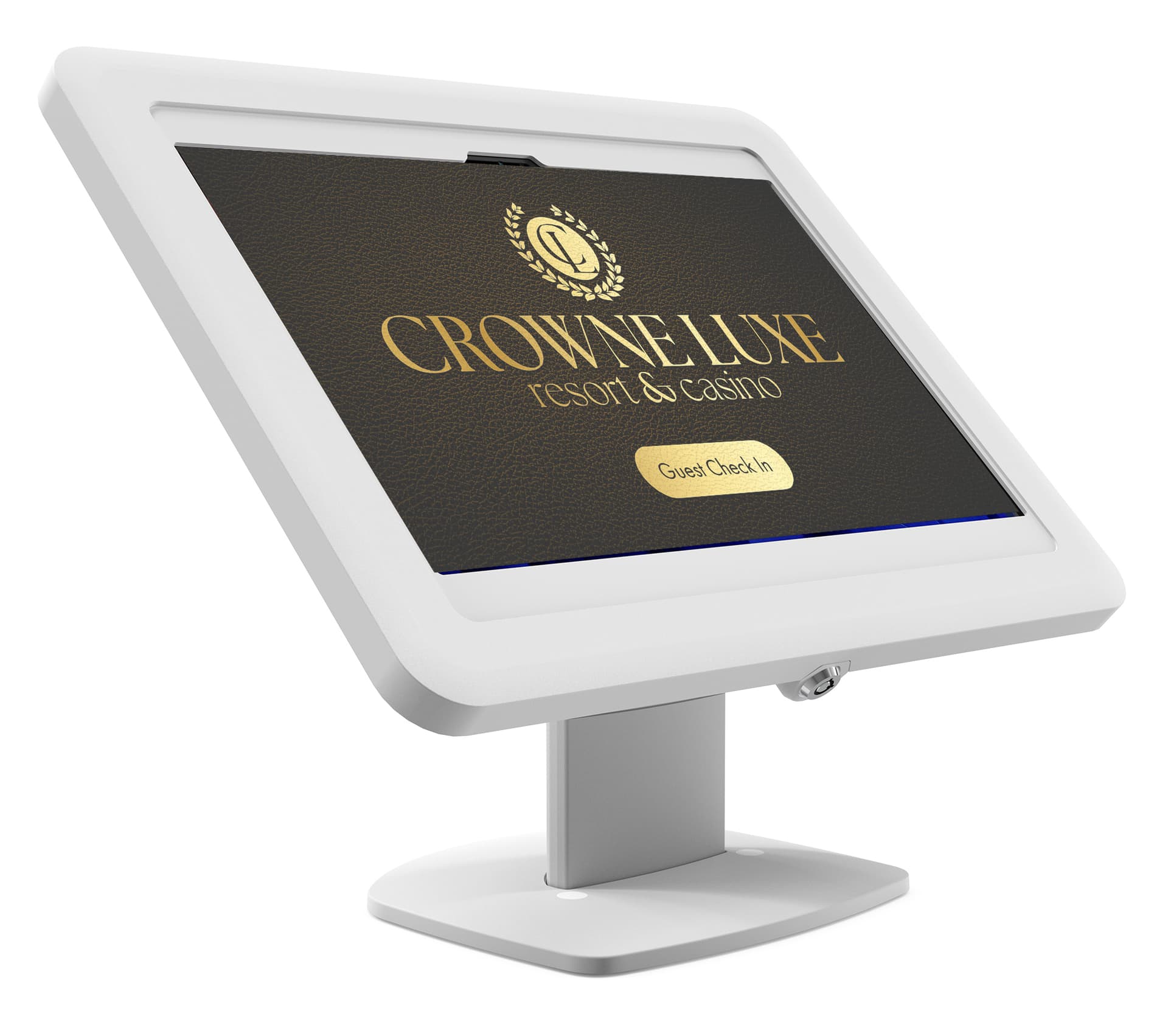 Countertop Samsung Galaxy tablet holder displaying a hotel self service check in