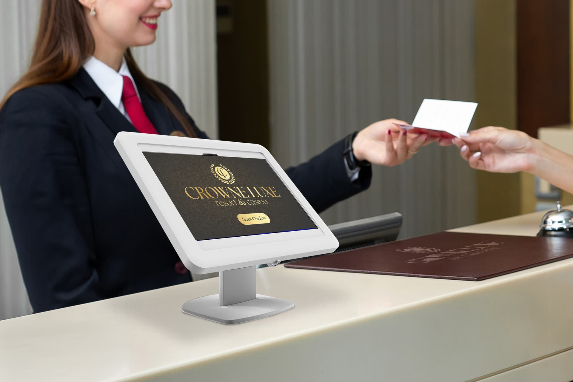 Countertop Samsung Galaxy tablet holder being utilized in a hotel lobby